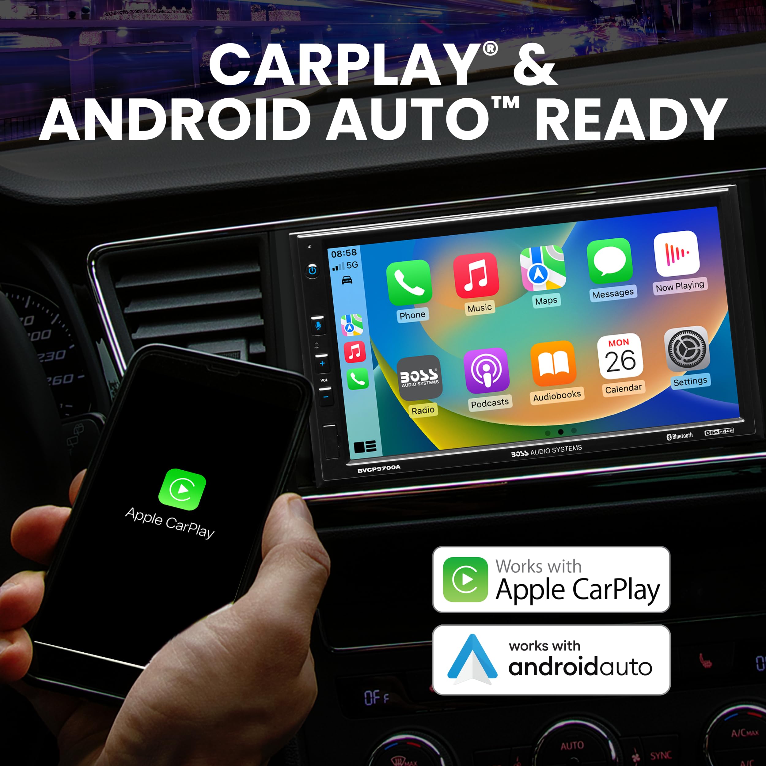 Boss Audio Systems Bvcp9700A Car Stereo   Apple Carplay, Android Auto, Double Din, 7 Inch Touchscreen, Bluetooth, No Cd Dvd Play