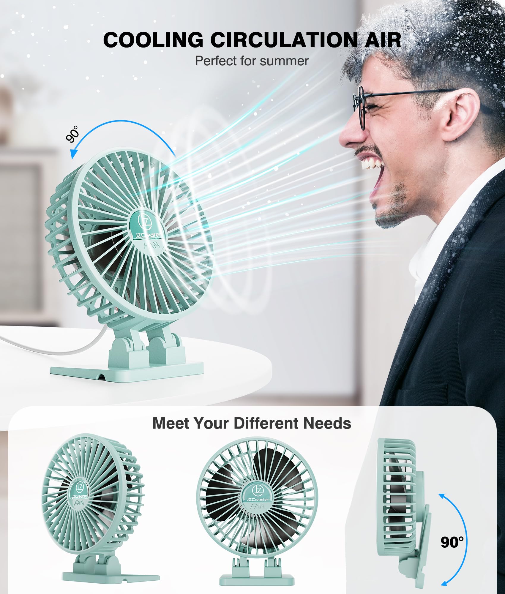 Jzcreater Usb Desk Fan, Mini Fan Portable, 3 Speeds Desktop Table Cooling Fan, Plug In Power Fan, Rotation Strong Wind, Quiet Pe