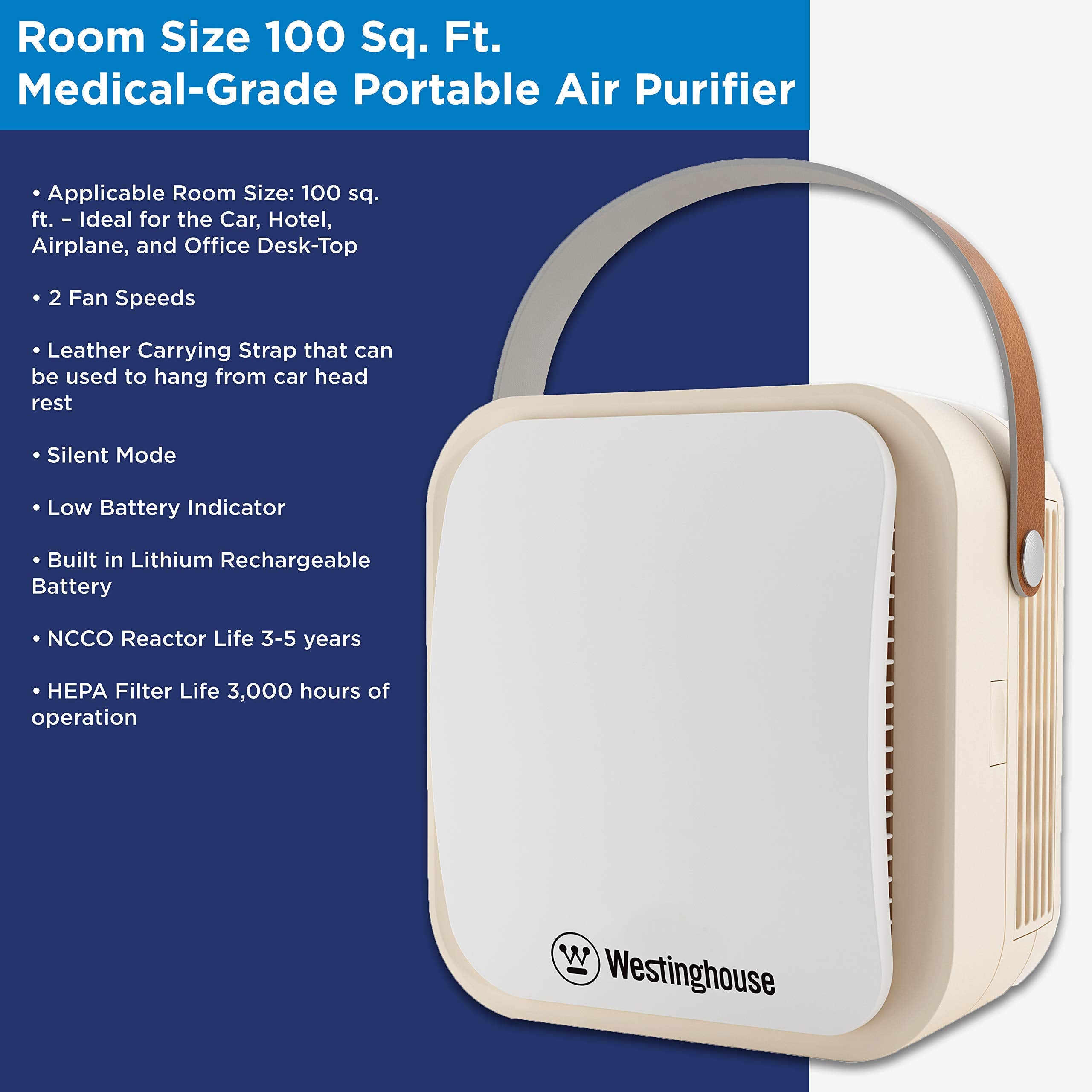Westinghouse Portable Air Purifier NCCO Technology with True HEPA Filter - Beige, Model NCCO1804, Removes Bacteria, Allergens, Odors