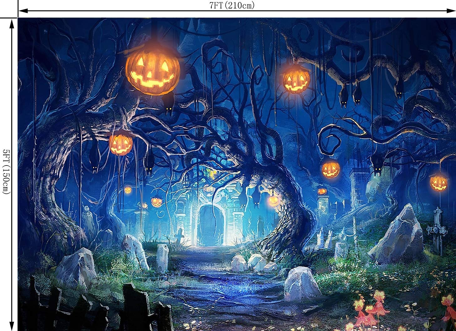 Ouyida 7X5Ft Halloween Theme Forest Scary Scene Pumpkin Pictorial Cloth Photography Background Computer Printed Vinyl Backdrop Photo Studio Prop Tp272