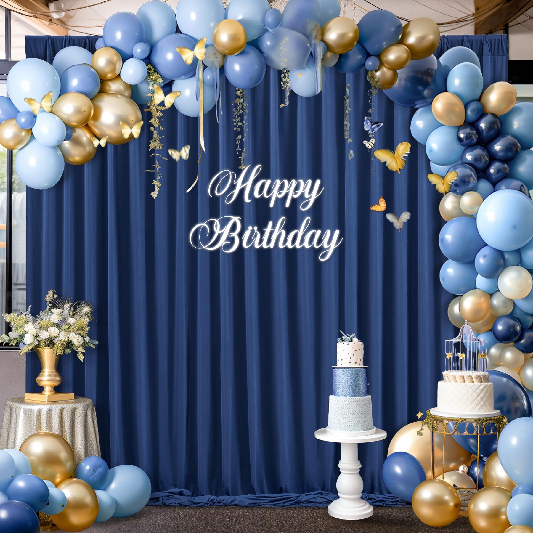 Navy Blue Backdrop Curtains For Parties, 8Ft X 10Ft Polyester Wrinkle Free Photography Backdrop Drapes For Birthday Baby Shower