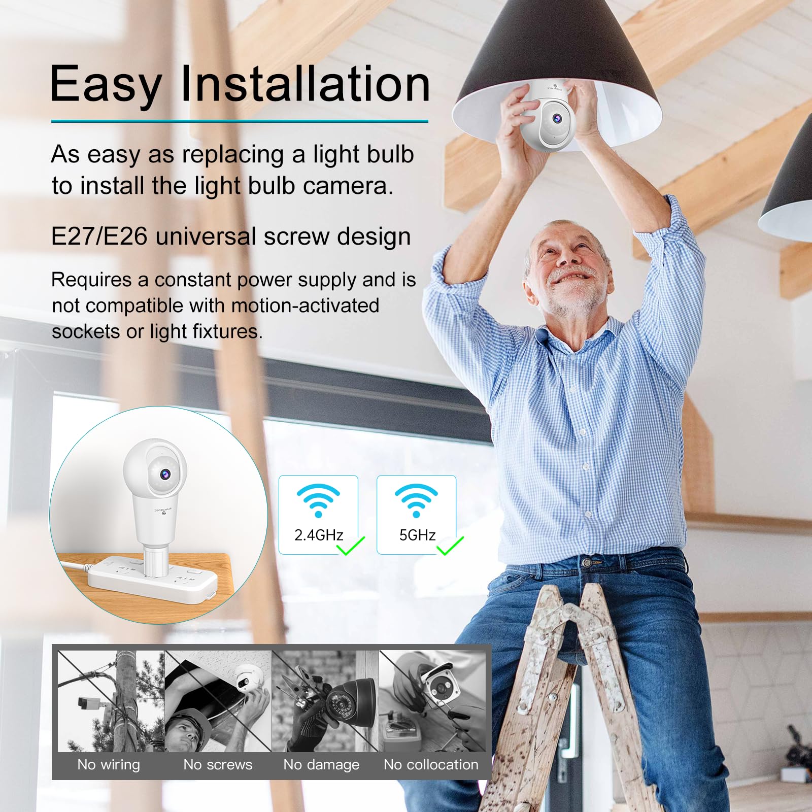 Symynelec 2.5K 5Ghz/2.4Ghz Light Bulb Security Camera Outdoor, Dual Band Wifi Light Socket Camera With Ai Human Detection Motion