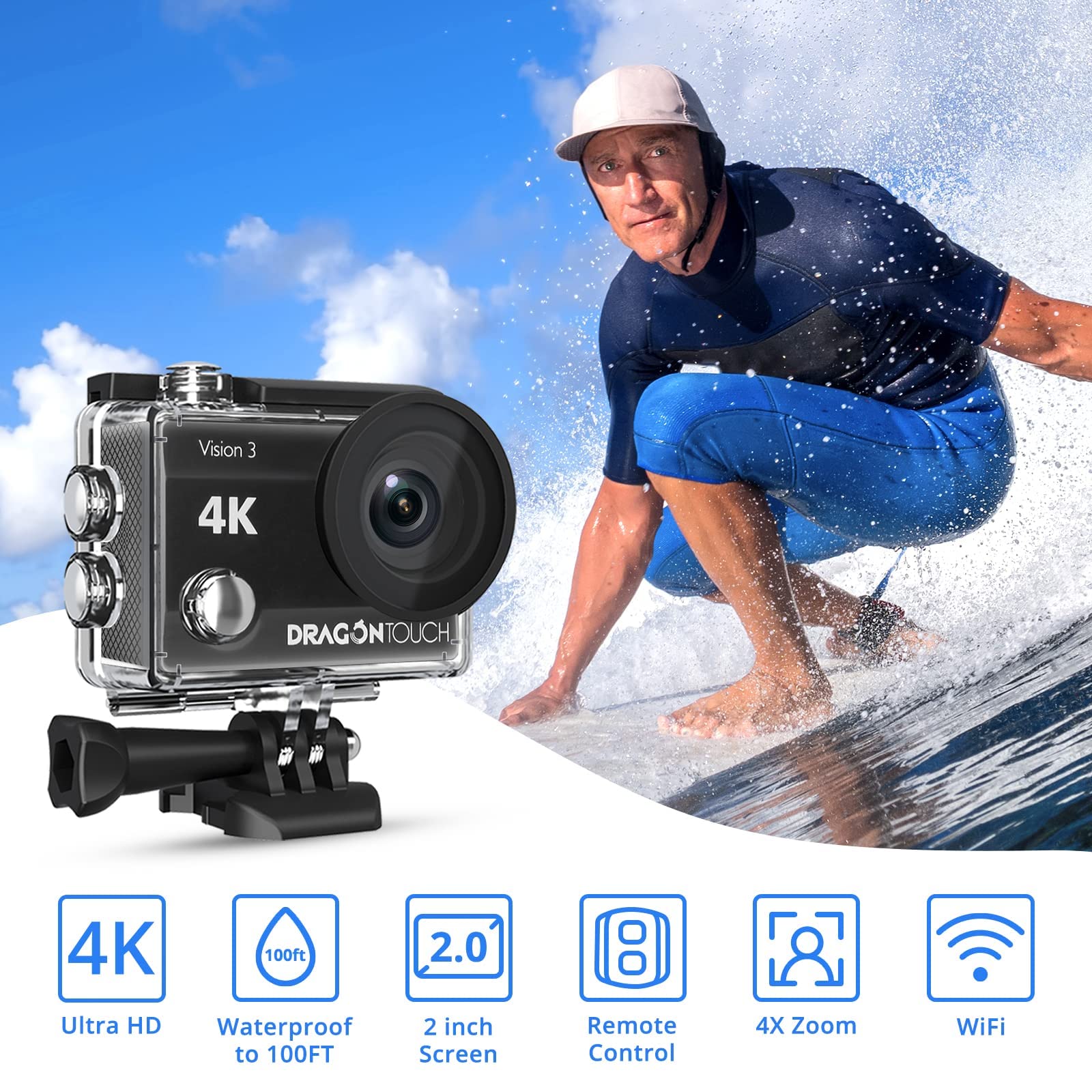 Dragon Touch 4K Action Camera 20Mp Vision 3 Underwater Waterproof Camera 170 Wide Angle Wifi Sports Cam With Remote And Mounting