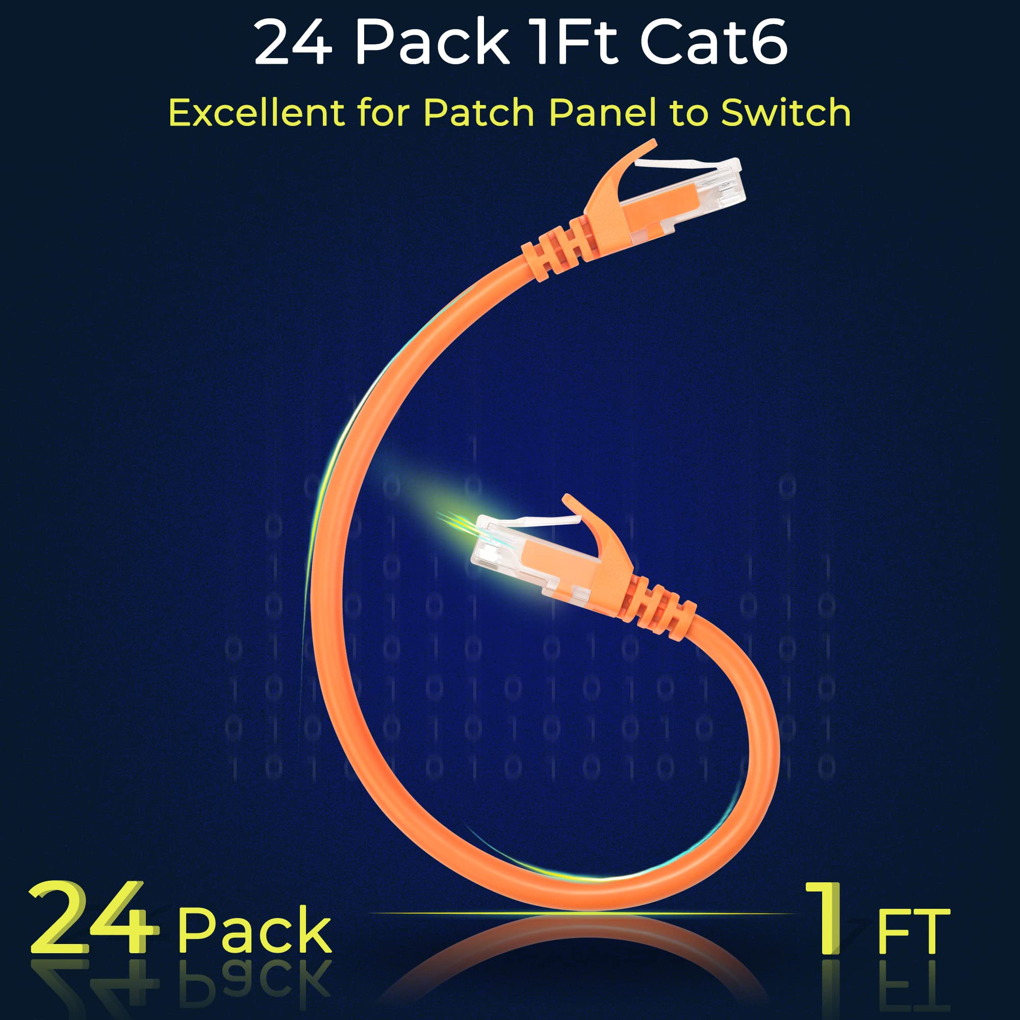 Rapink Patch Cables Cat6 1Ft (24 Pack), Ethernet Patch Cable 10G Support, Cat 6 Patch Cable For Patch Panel To Switch, Flexiable Cat 6 Ethernet Cable With Gold Plated Orange
