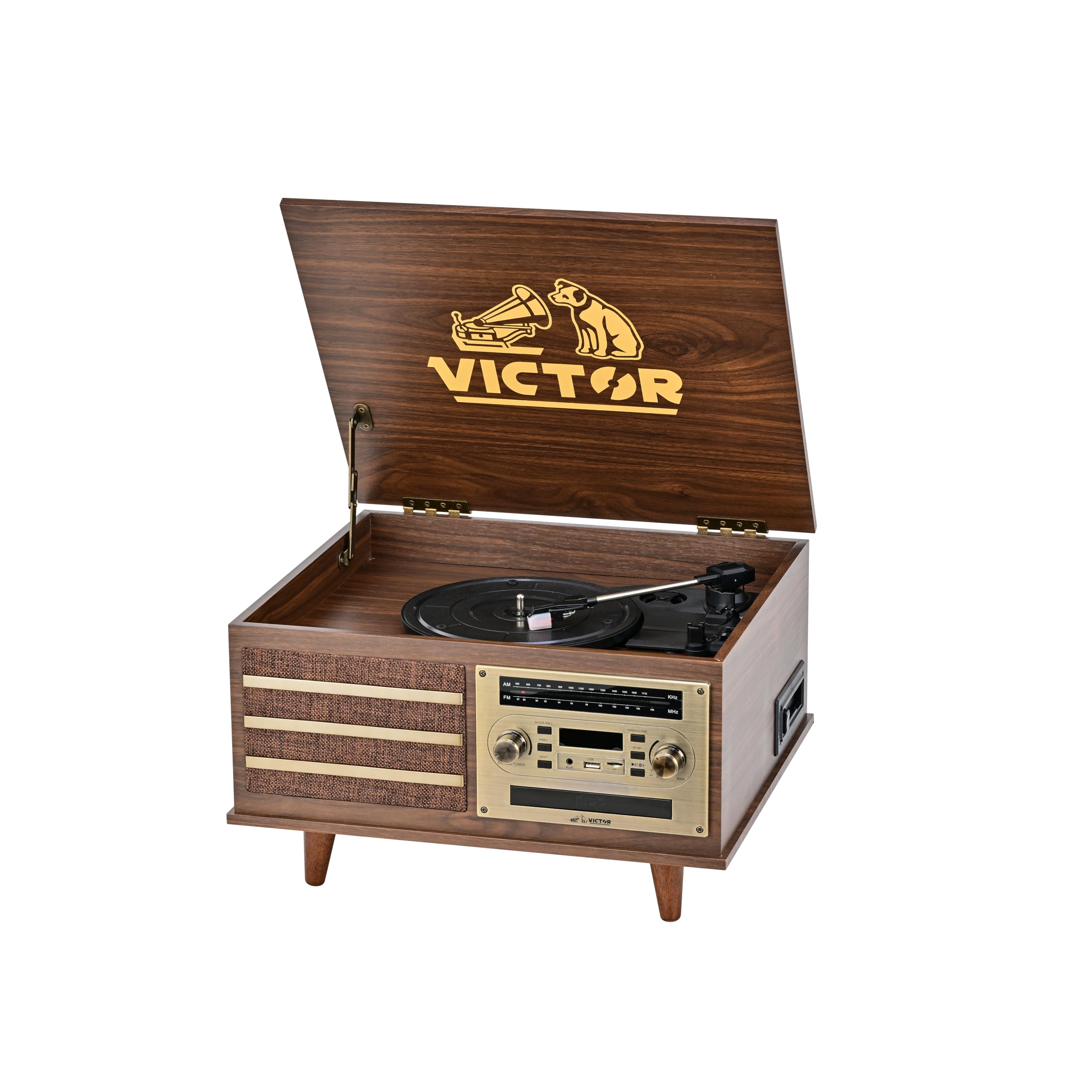 VICTOR VWRP-3700 Monroe Retro 8-in-1 Turntable Record Player and Entertainment Center with Bluetooth and Built in Speakers, Waln