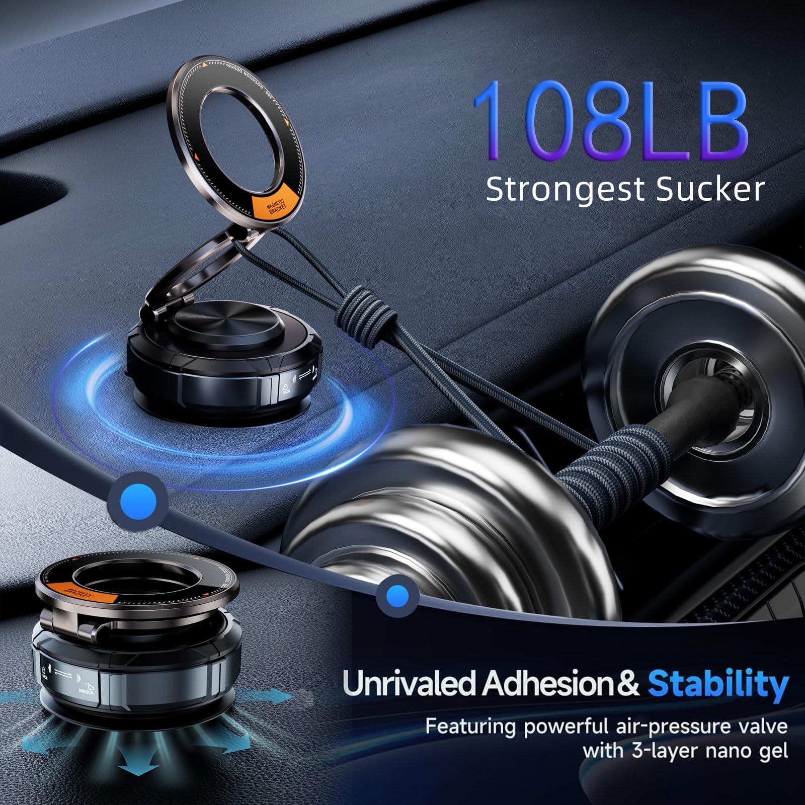 Car Phone Holder For Magsafe Strongest Suction Vacuum Magnetic 360 Adjustable Dashboard Windshield Phone Mount, Universal Automo