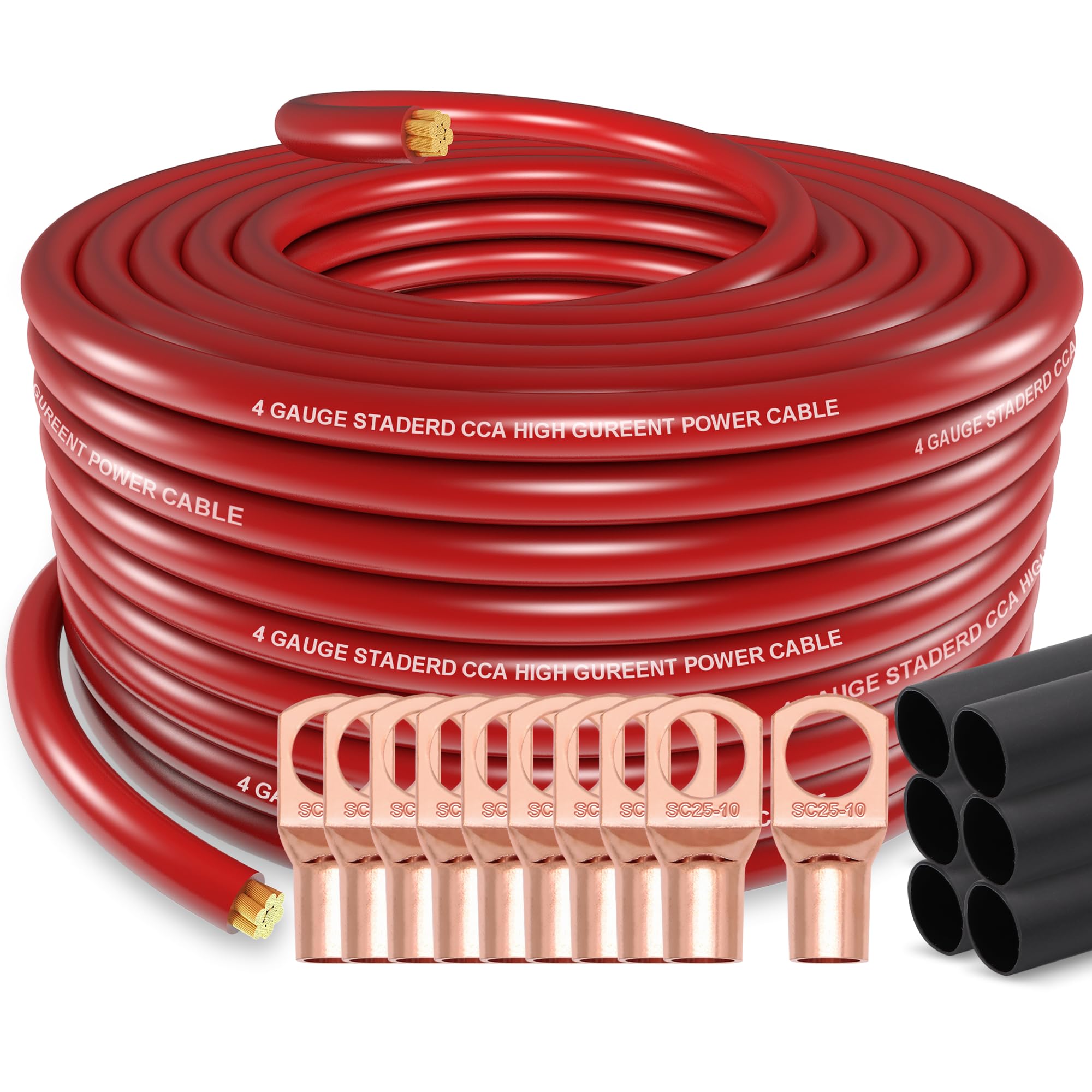Jeemiter 4 Gauge Wire 50Ft Red Copper Clad Aluminum Cca   Primary Automotive Wire Power/Ground, Battery Cable With Lugs Terminal