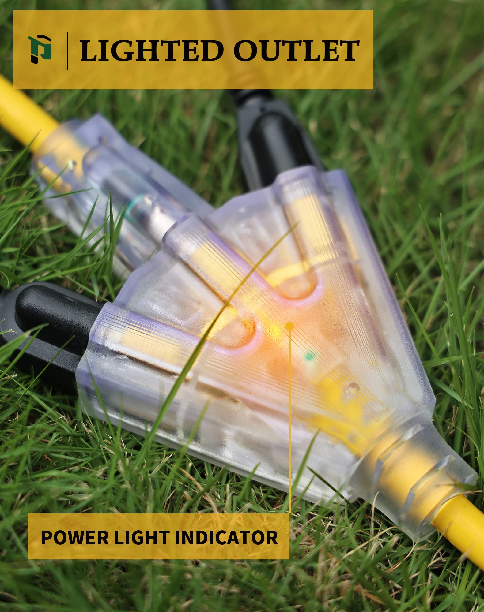 100Ft 12/3 Outdoor Extension Cord With 3 Outlets, Heavy Duty 12 Gauge 3 Prong Extension Cord Waterproof With Lighted End, 15A 12