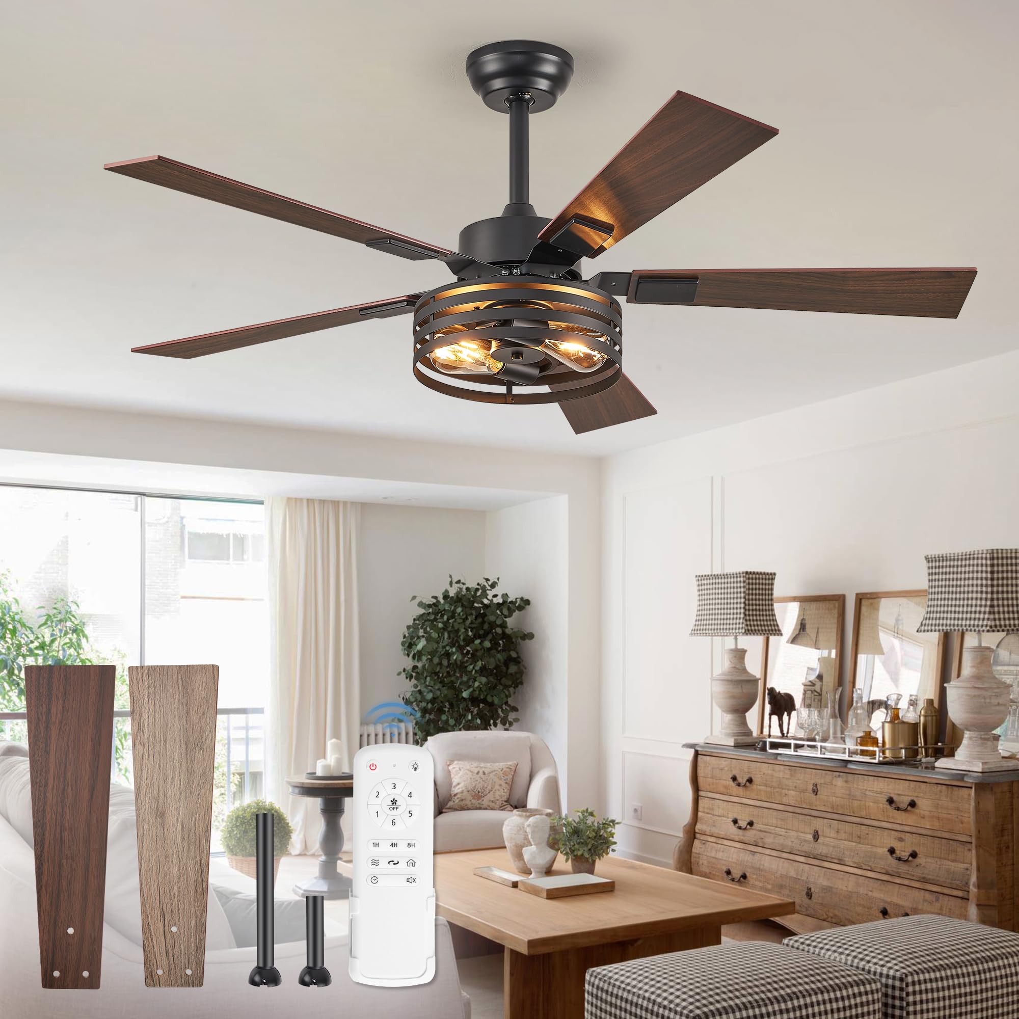 Fanbulous Farmhouse Caged Ceiling Fans With Lights And Remote, 48 Inch Black Bedroom Ceiling Fans For Living Room Kitchen,6 Spee