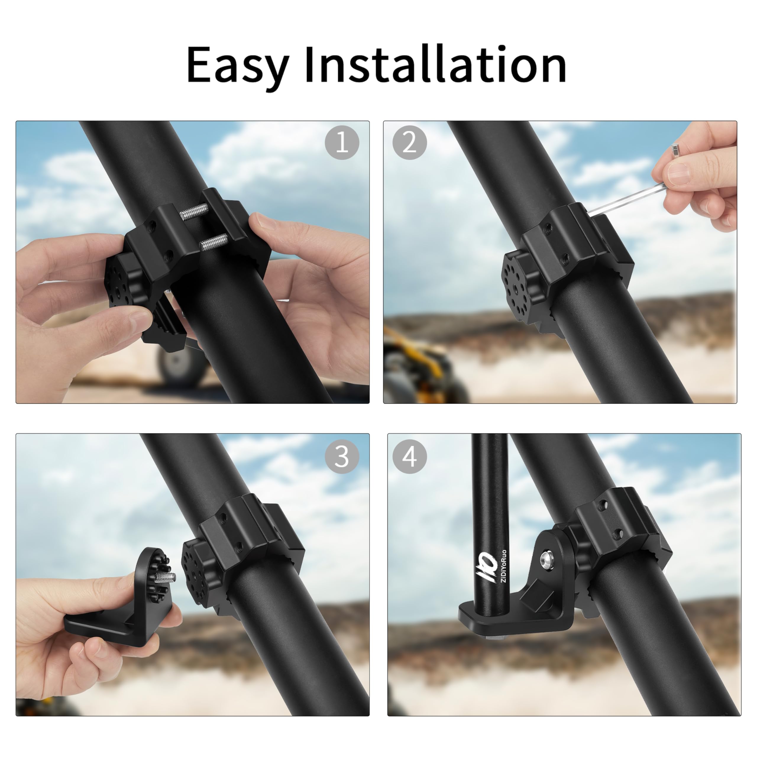 Zidiyoruo Utv Whip Light Mount & Light Bar Bracket - Heavy Duty Aluminum Alloy Clamp For 1.75-2 Roll Cage, 360 Rotating Flag Hol