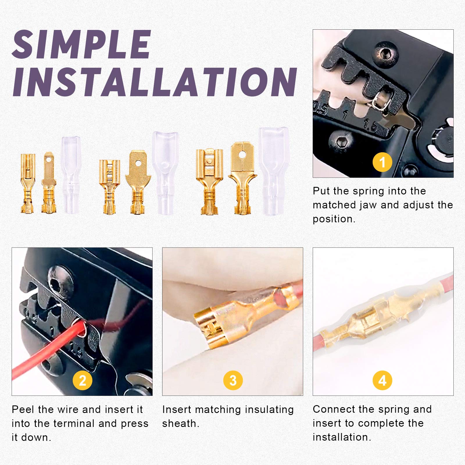 Swpeet 720Pcs Gold 2.8/4.8/6.3Mm Male And Female Spade Quick Connectors Wire Crimp Terminal Block With Insulating Sleeve Assortm