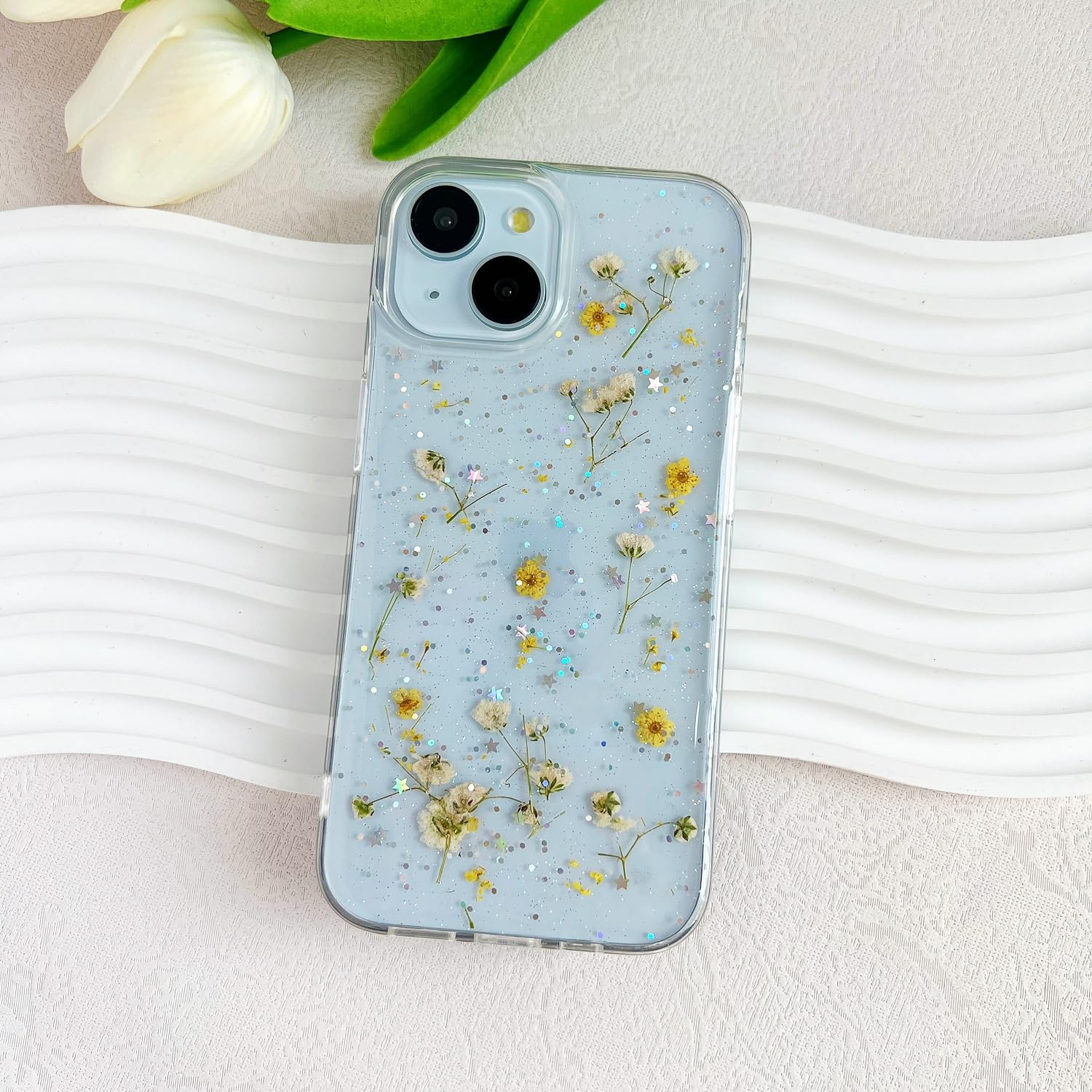Lseeka For Iphone 15 / Iphone 14/ Iphone 13 Clear Case With Pressed Real Flowers Design,Glitter Cute Yellow Floral Pattern Soft