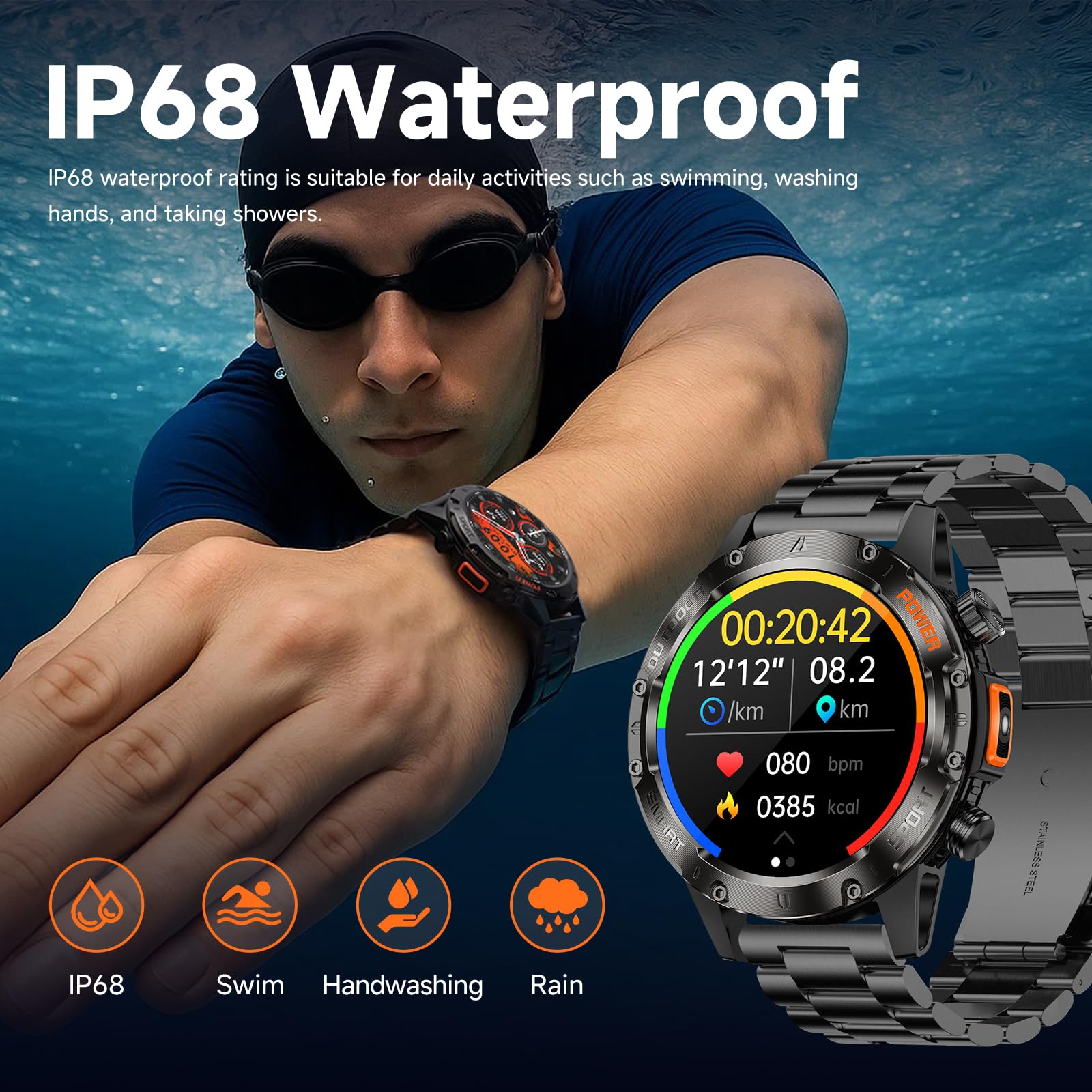 Bruboses Smart Watches For Men,Military Rugged Men Smartwatch, Stainless Steel Body, Ip68 Waterproof, 30-Day Long Standby, Answe