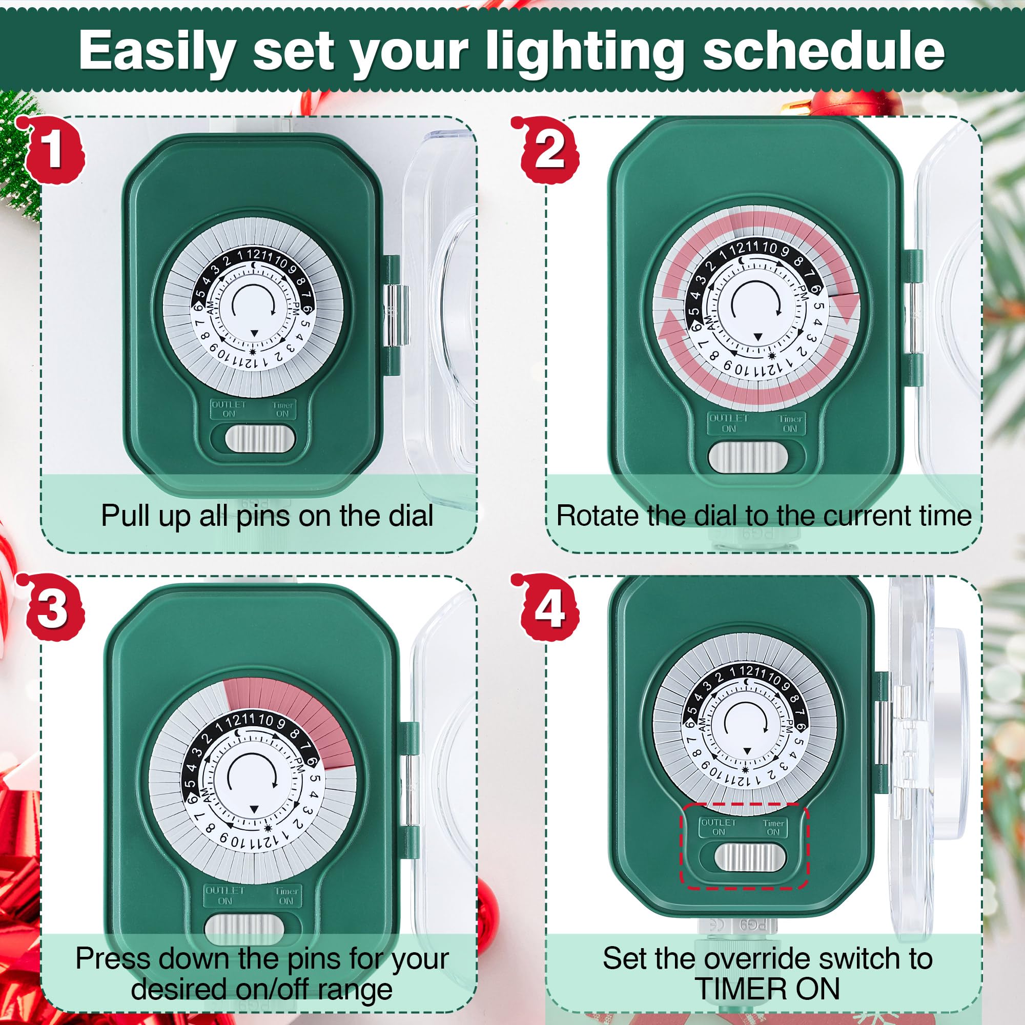 Feekoon 20 Ft Outdoor Extension Cord With Mechanical Timer And 6 Outlet Plugs, 16Awg Sjtw Green Power Cord With Safety Cover Hea