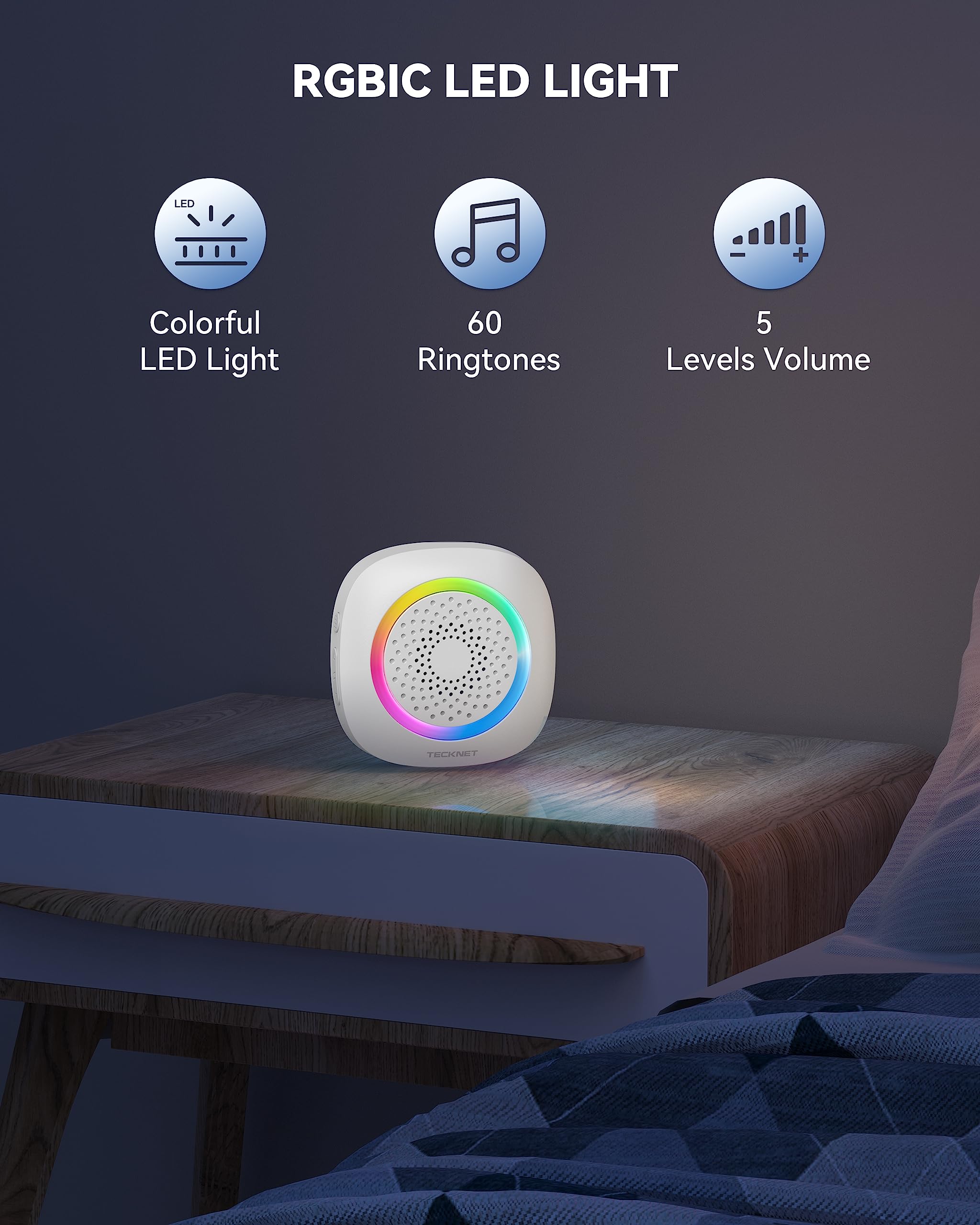 Tecknet Wireless Doorbell With 2 Portable Doorbells With Rgb Light, Battery Powered Ip66 Waterproof Door Chime Kit, 1300Ft Wirel