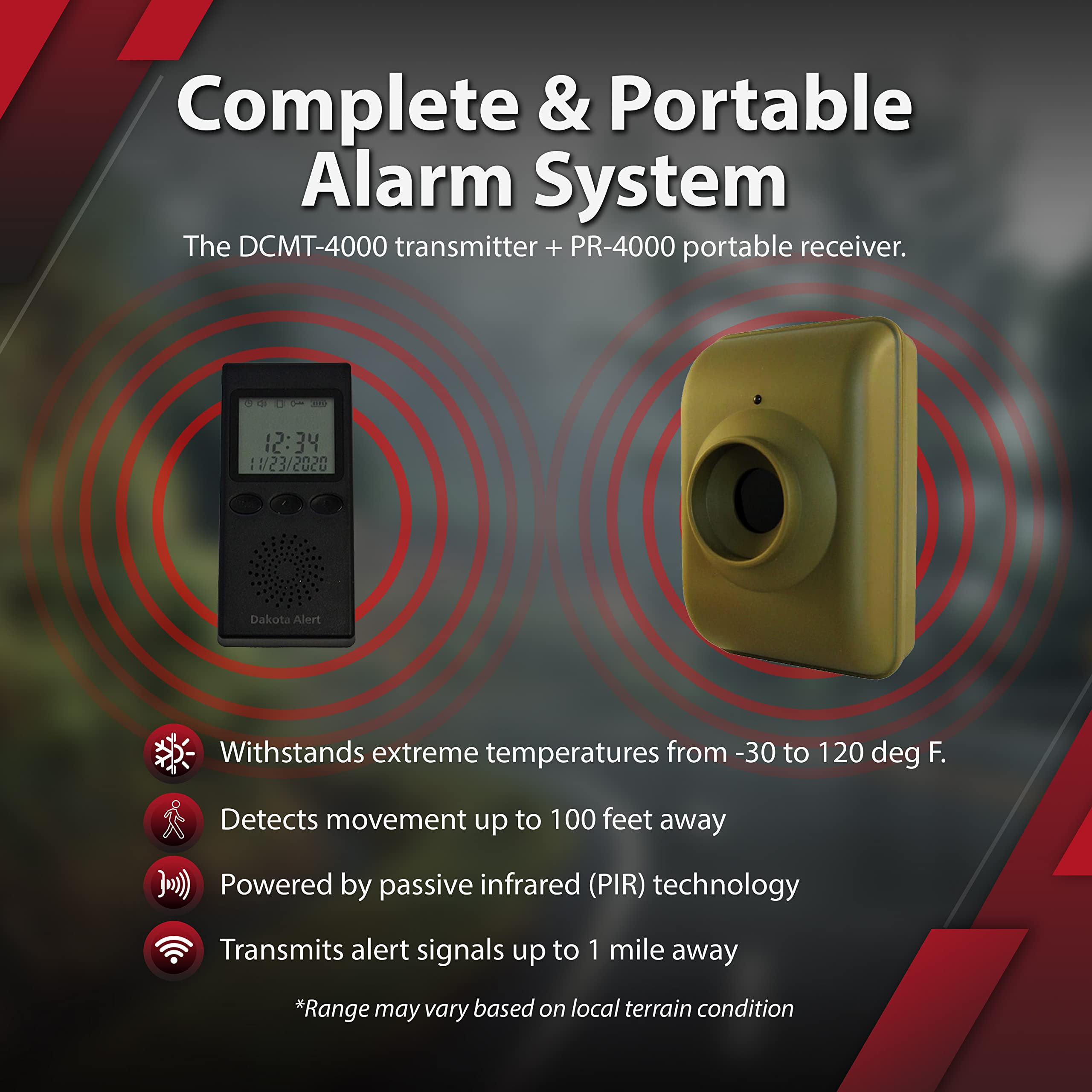 Long Range Motion Sensor System  Dakota Alert Mtpr 4000 Wireless Motion Detector & Receiver, Camping Perimeter & Trip Wire Alarm Device, Monitor Driveways, Backyards, Entrances, Deer Trails And More
