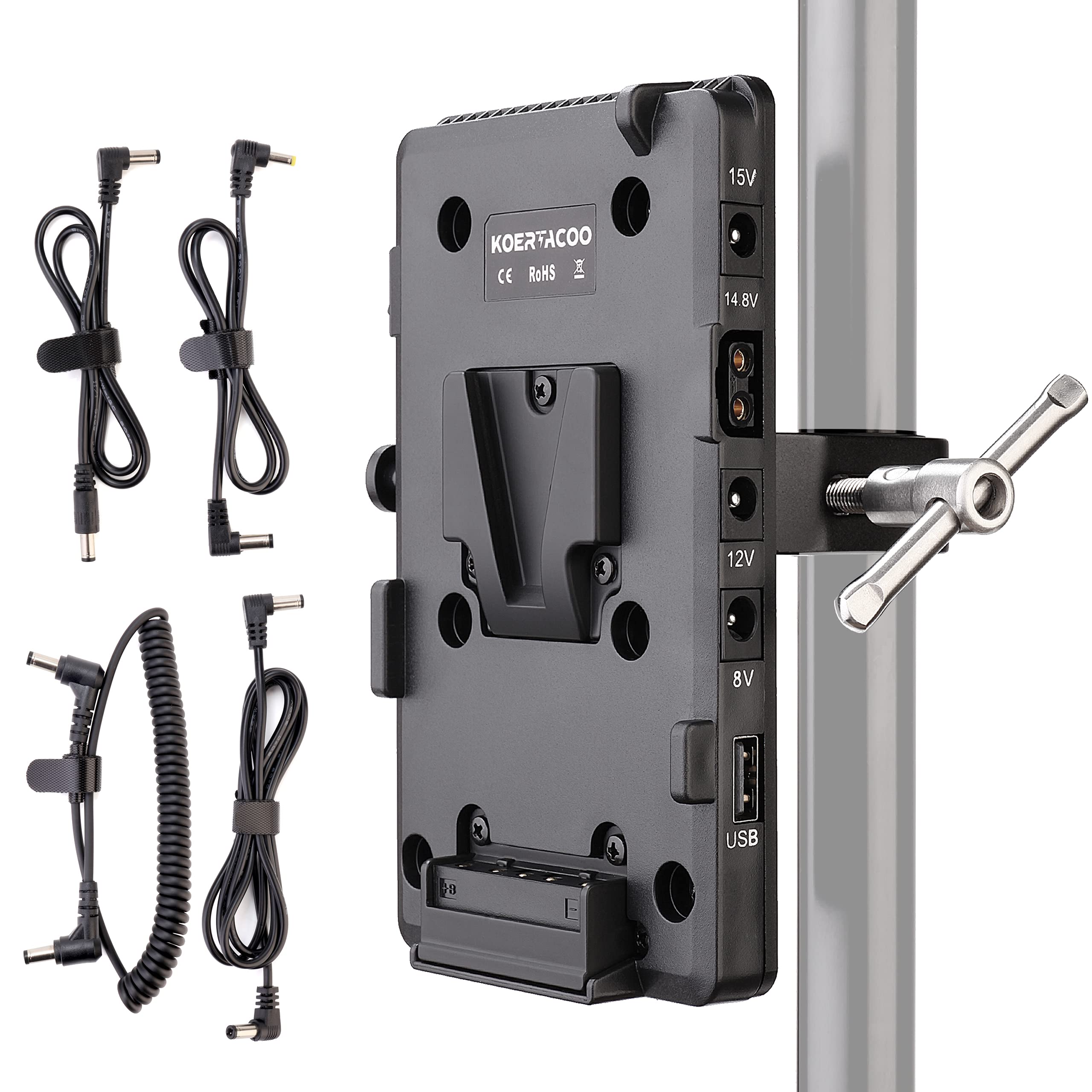 KOERTACOO V-Mount Lock Battery Plate Power Supply Adapter + Super Clamp for Lighting Stand,Tripod, Support Rod.with D-TAP/DC/USB
