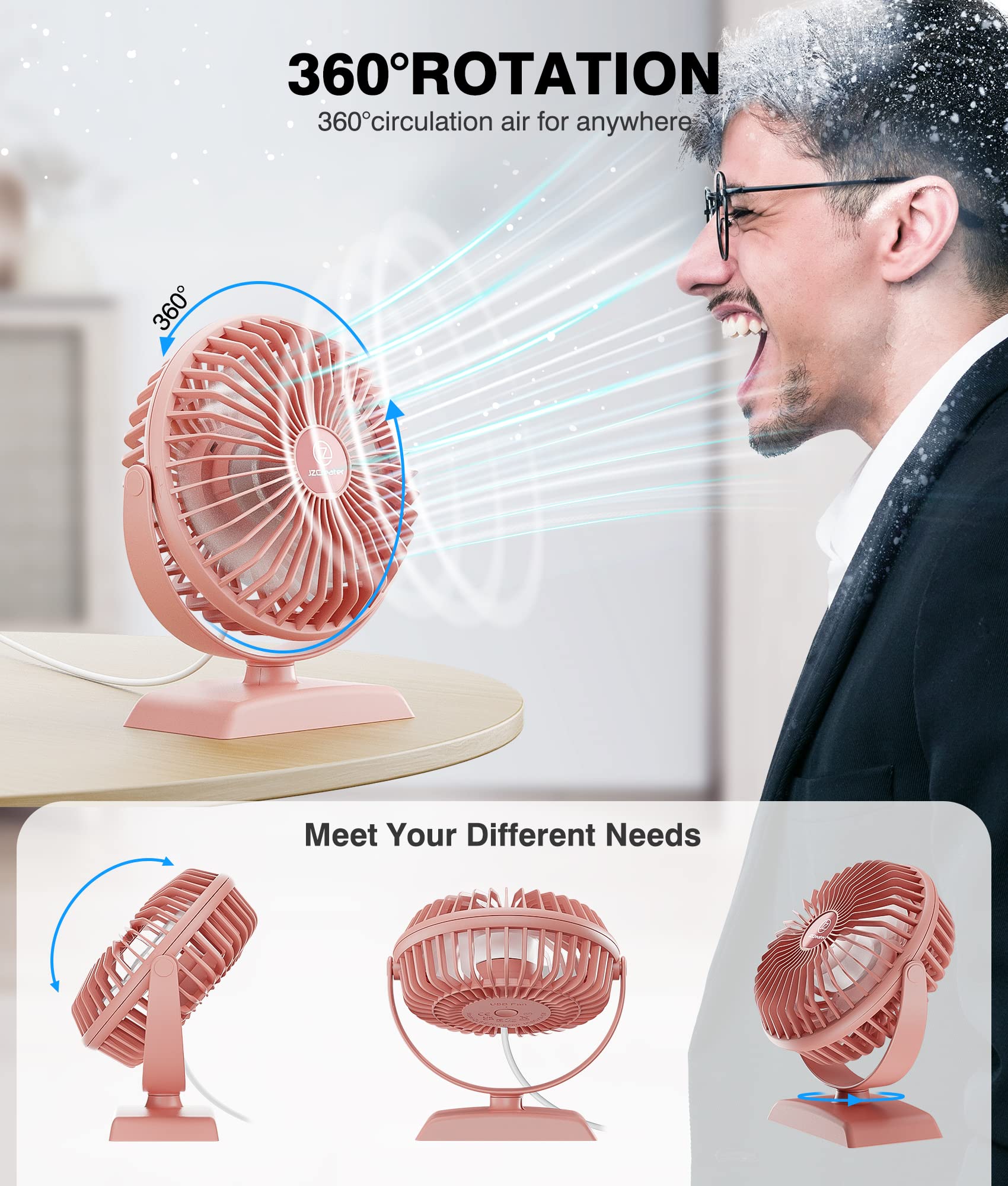 Jzcreater Usb Desk Fan, Usb Fan Mini, 360 Rotation Desktop Fan With 3 Speed, Table Personal Cooling Fan, Quiet Mini Desk Fan, Us