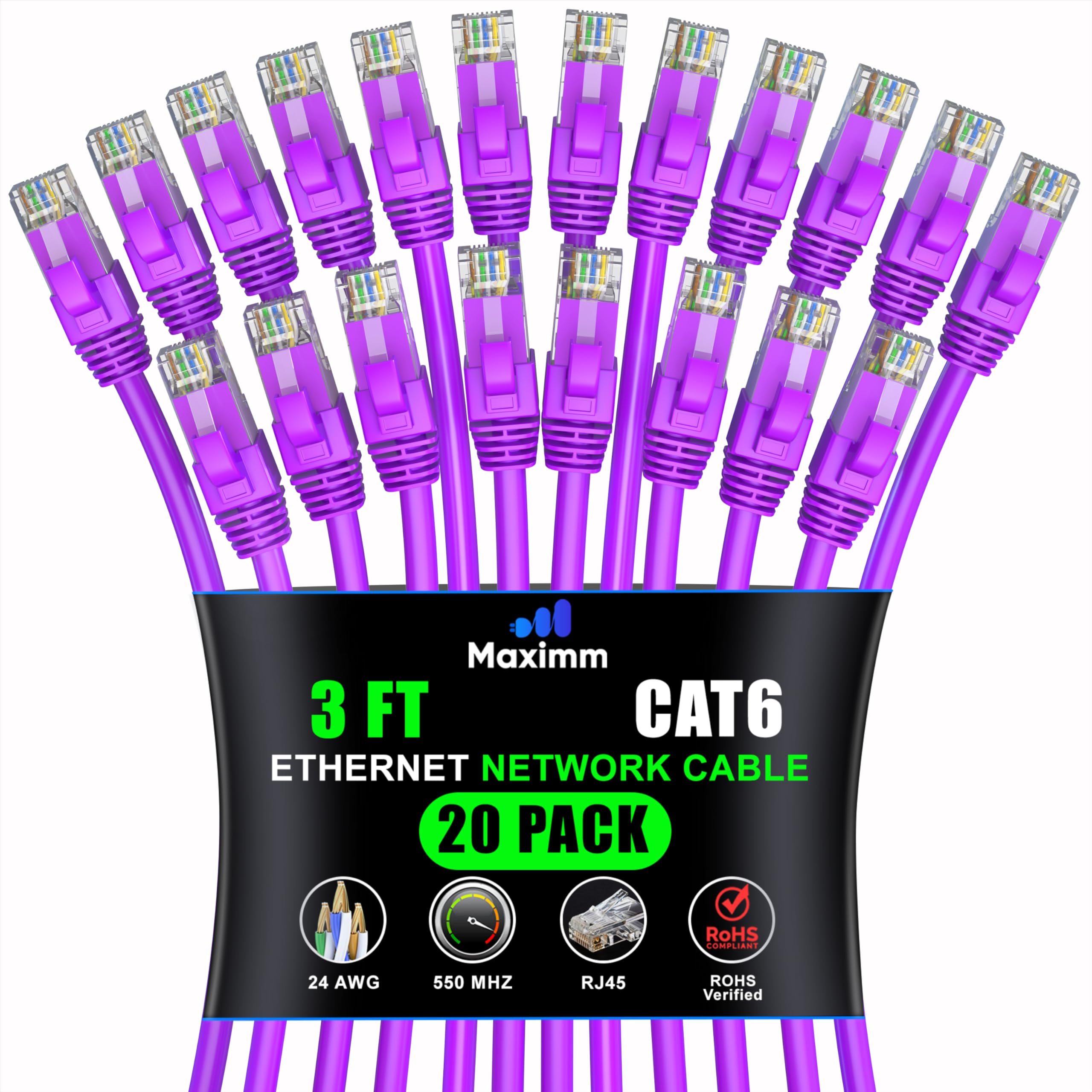 Maximm Cat 6 Ethernet Cable 3 Ft (20 Pack)   High Speed Lan Cable, Internet Cable, Patch Cable, And Network Cable   Utp, 10Gbps, 550Mhz Ethernet Cord   Purple