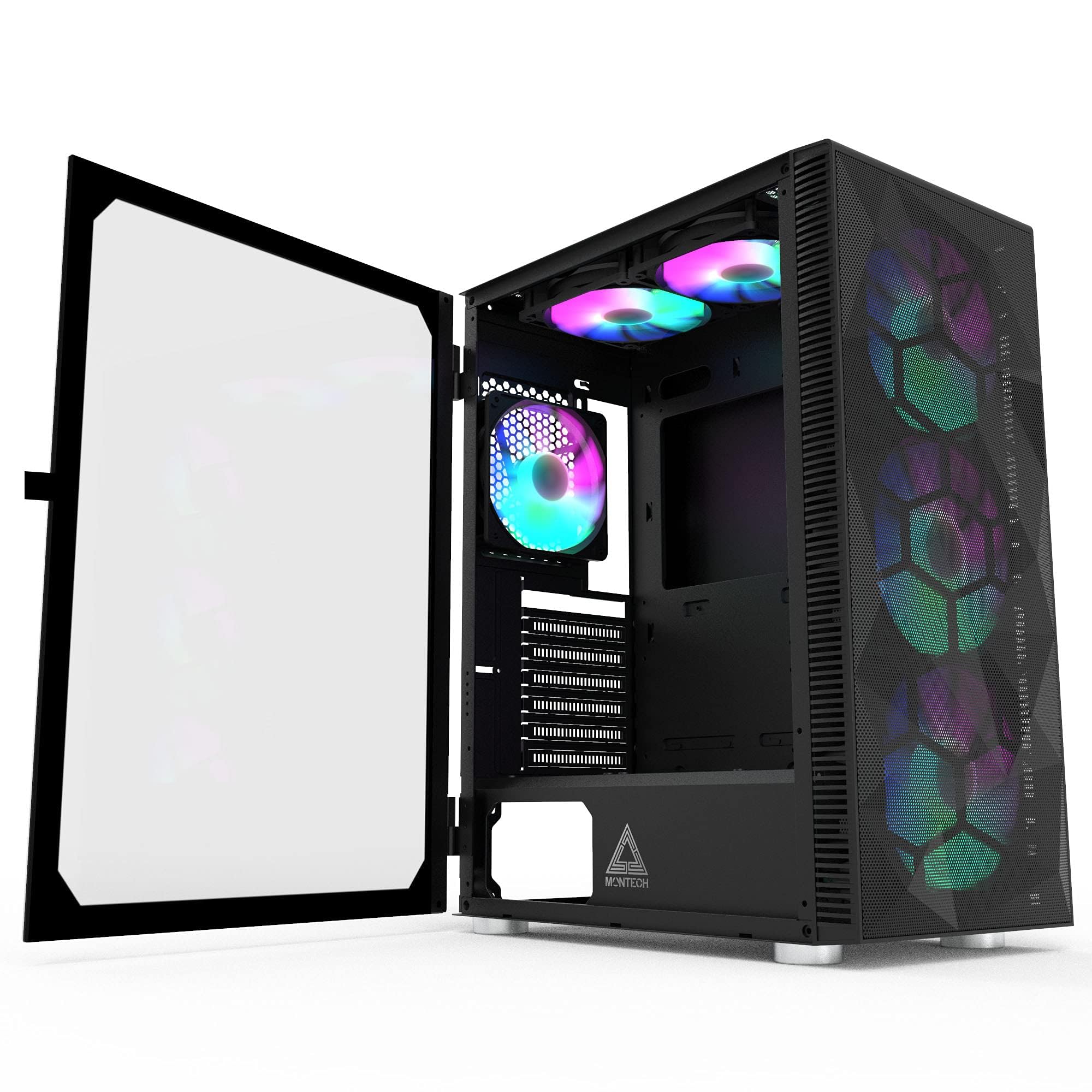 X3 Mesh, 6 Fans   3X 140Mm & 3X 120Mm Fixed Rgb Lighting Fans, Atx Mid Tower Pc Gaming Case, Usb3.0, Door Open Tempered Glass Si