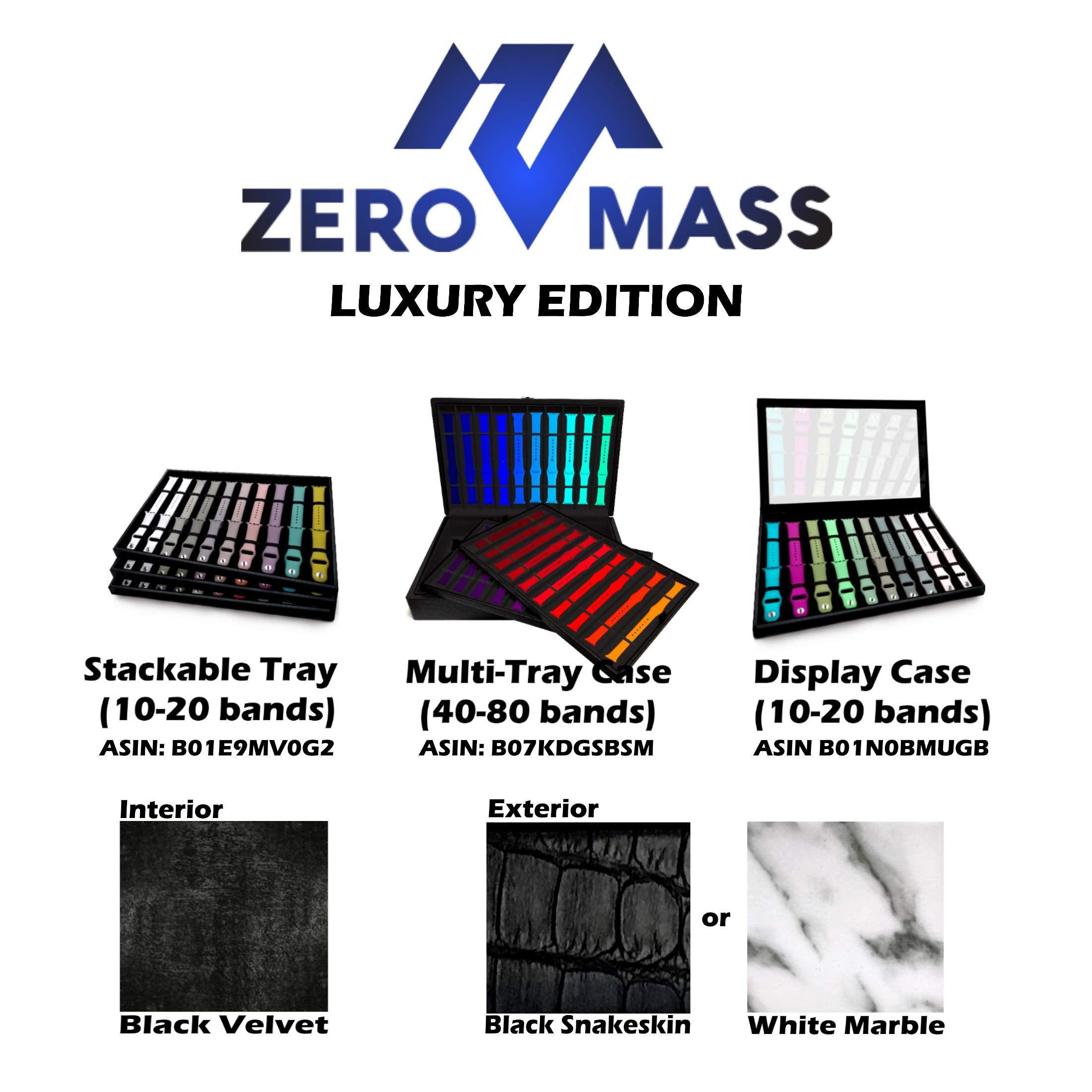 Zero Mass Stackable Luxurious Storage Case Organizer For Apple Watch Bands, Stores 10 20 Smartwatch Straps (Black Snakeskin)