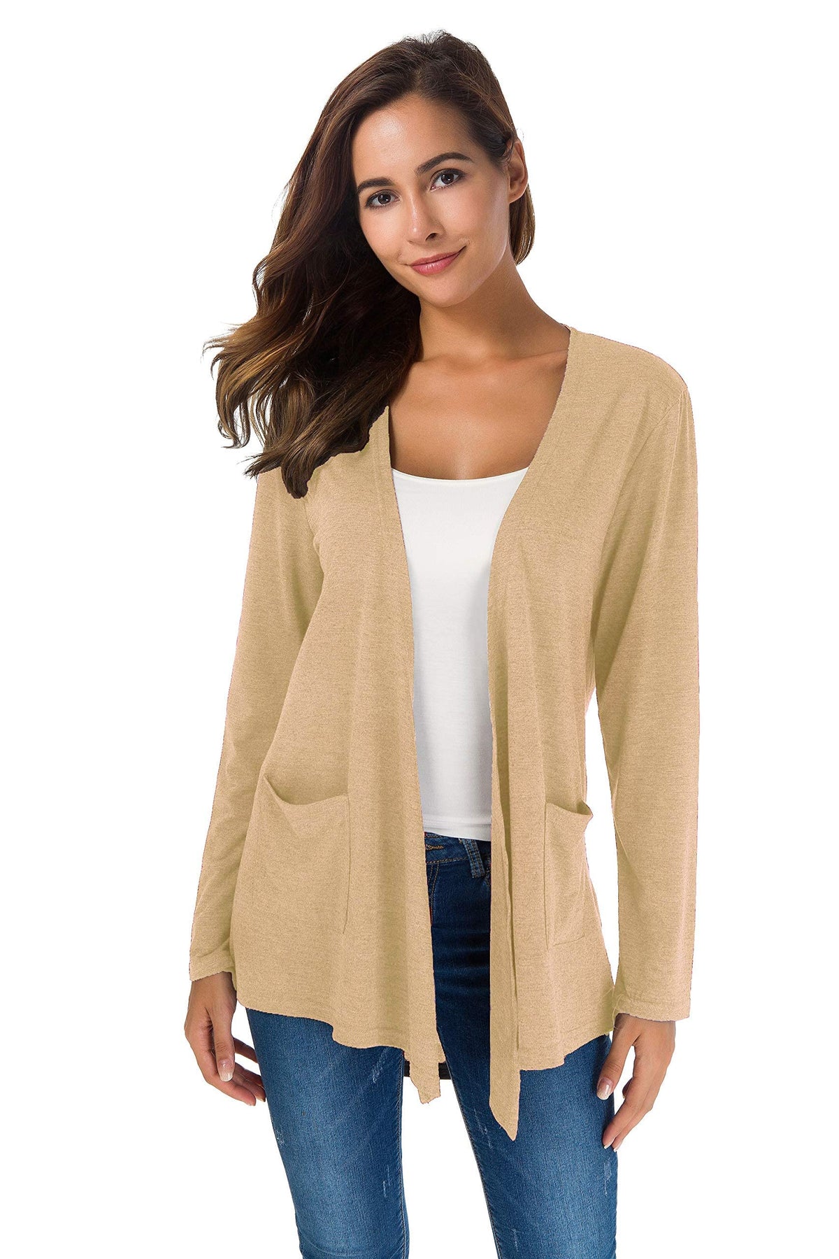 Towncat Cardigans For Women Loose Casual Long Sleeved Open Front Breathable Cardigans With Pocket (White Apricot, L)