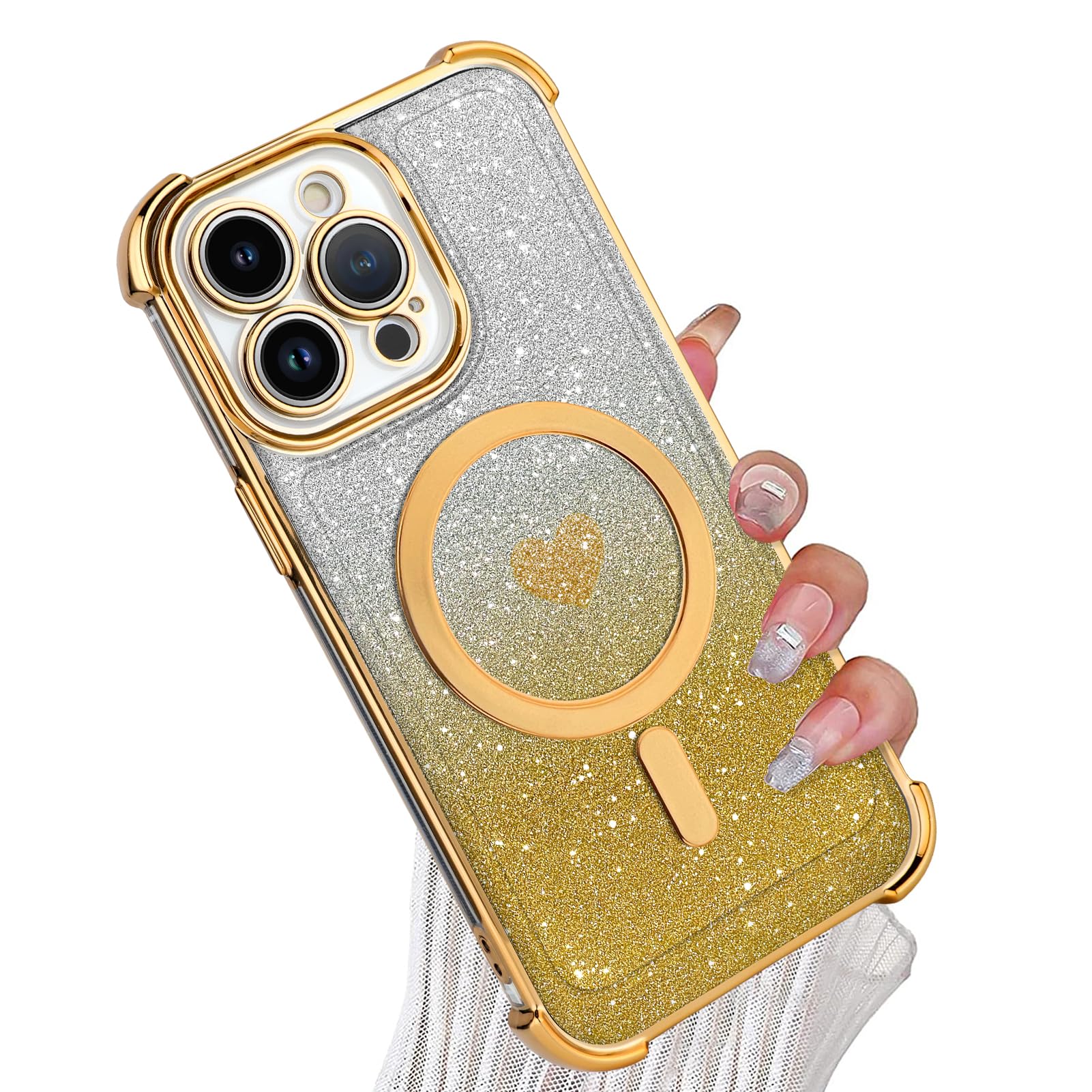 Tharlet Magnetic For Iphone 15 Pro Max Case [Compatible With Magsafe] Glitter Cute Love Luxury Plating Plating Bling Clear Phone