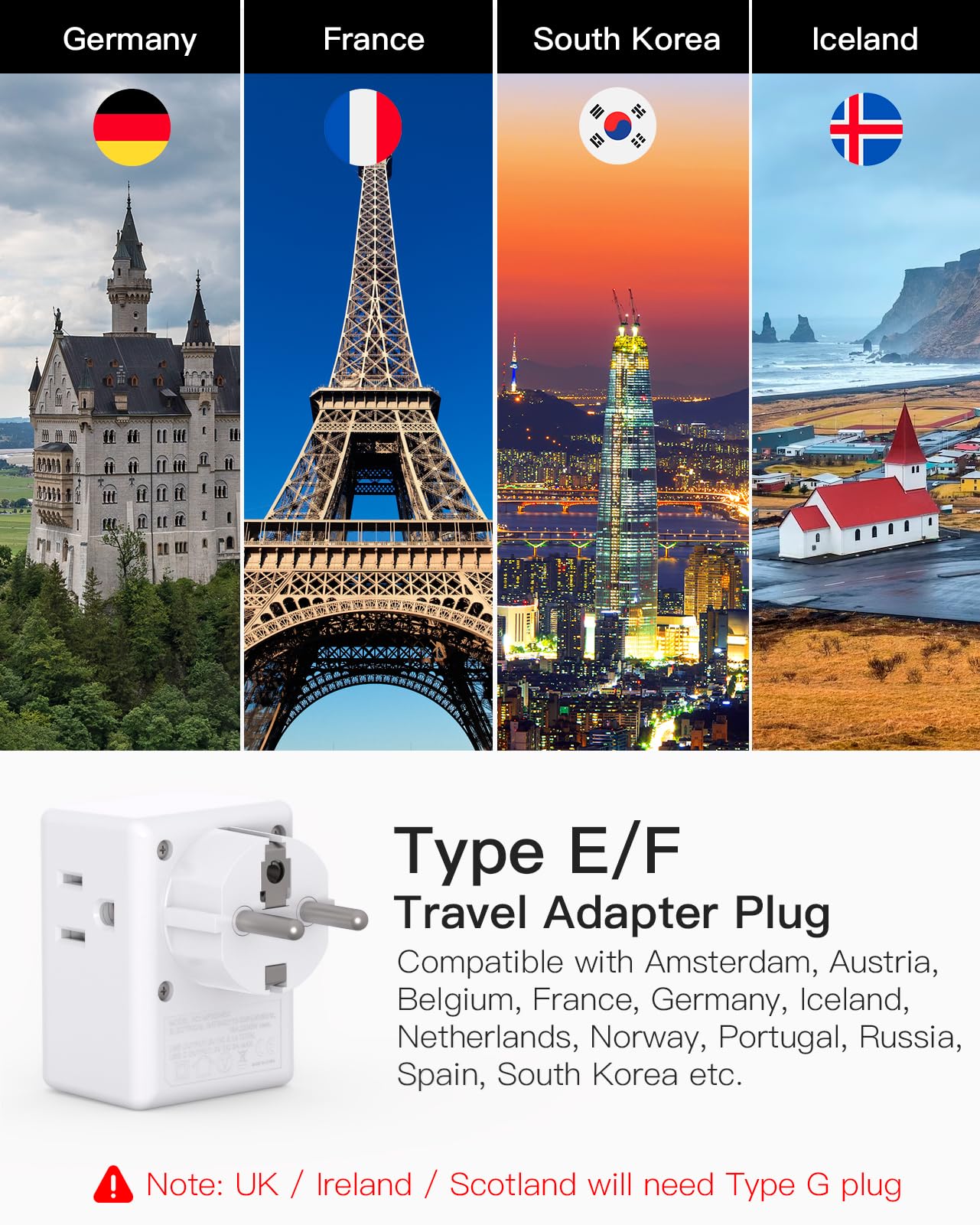 France Power Adapter, Portugal Adapter Plug, Germany Plug Adapter, Type E F European Travel Plug Adapter With 3 Outlets 3 Usb Ch