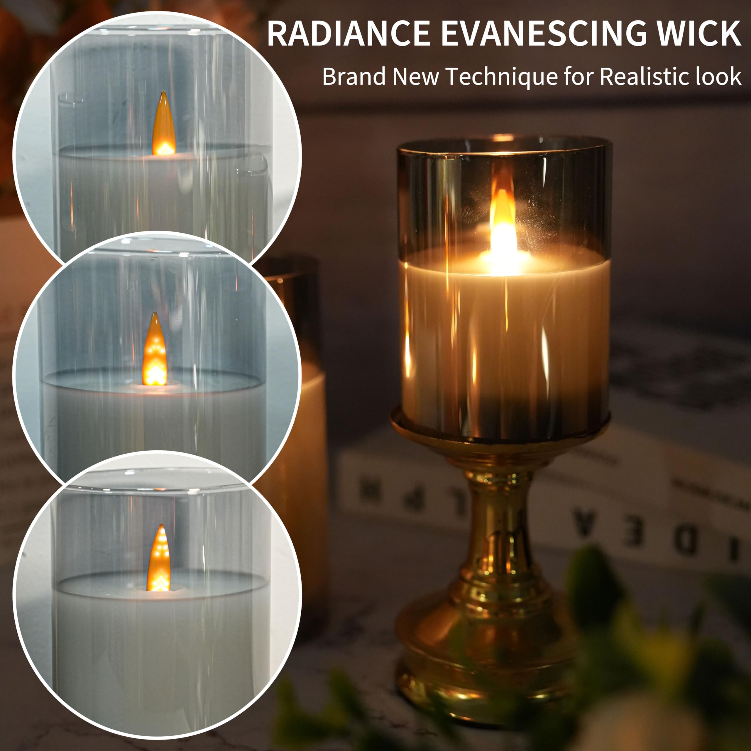 Niceme Grey Glass Flamelss Candles With Remote, Evanescing Radiance Candles Flickering Pillar Candles Battery Operated Real Wax