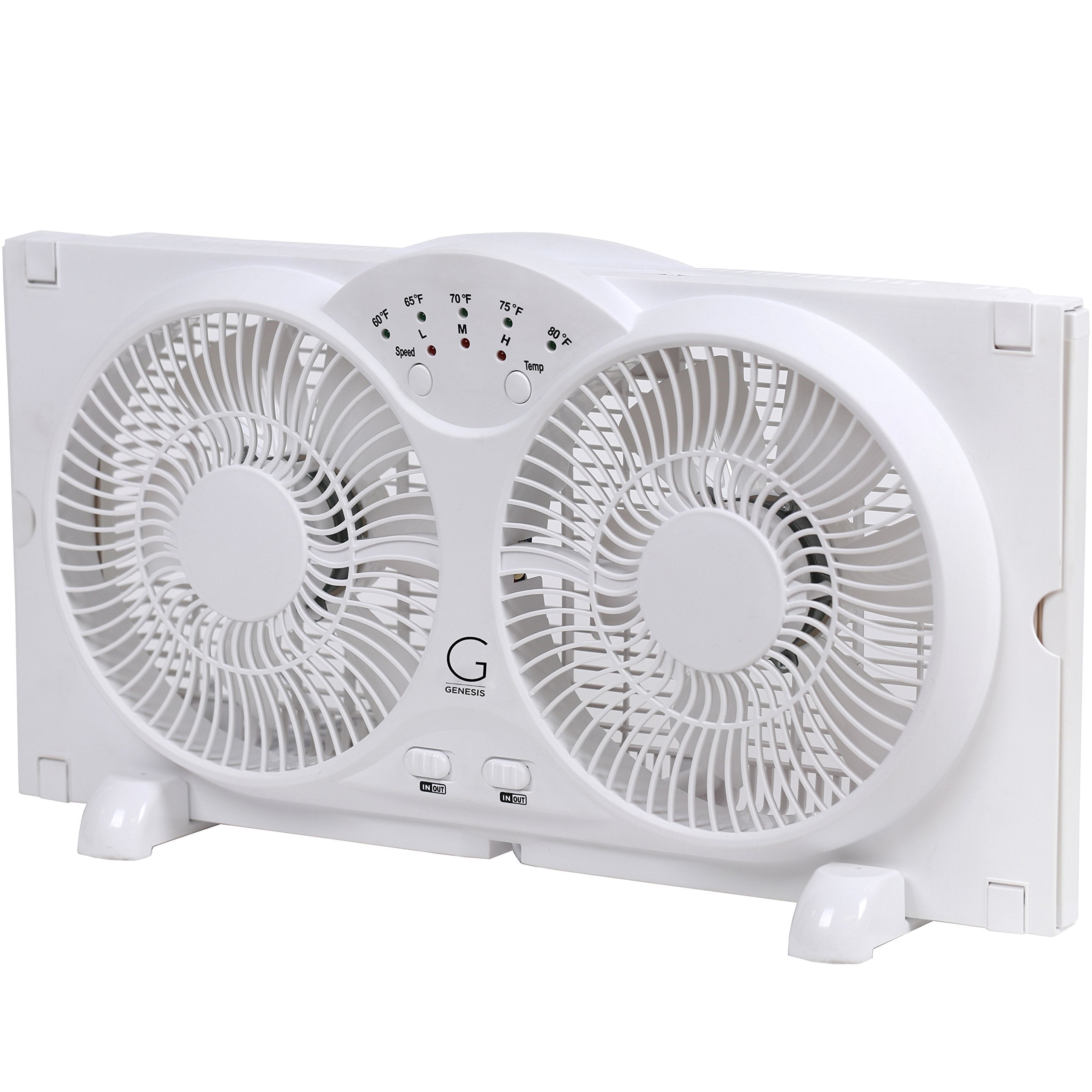 Genesis Twin Fan - High Velocity Reversible AirFlow, LED Indicator, Adjustable Thermostat, 9" Plastic, White, Model A1WINDOWFAN