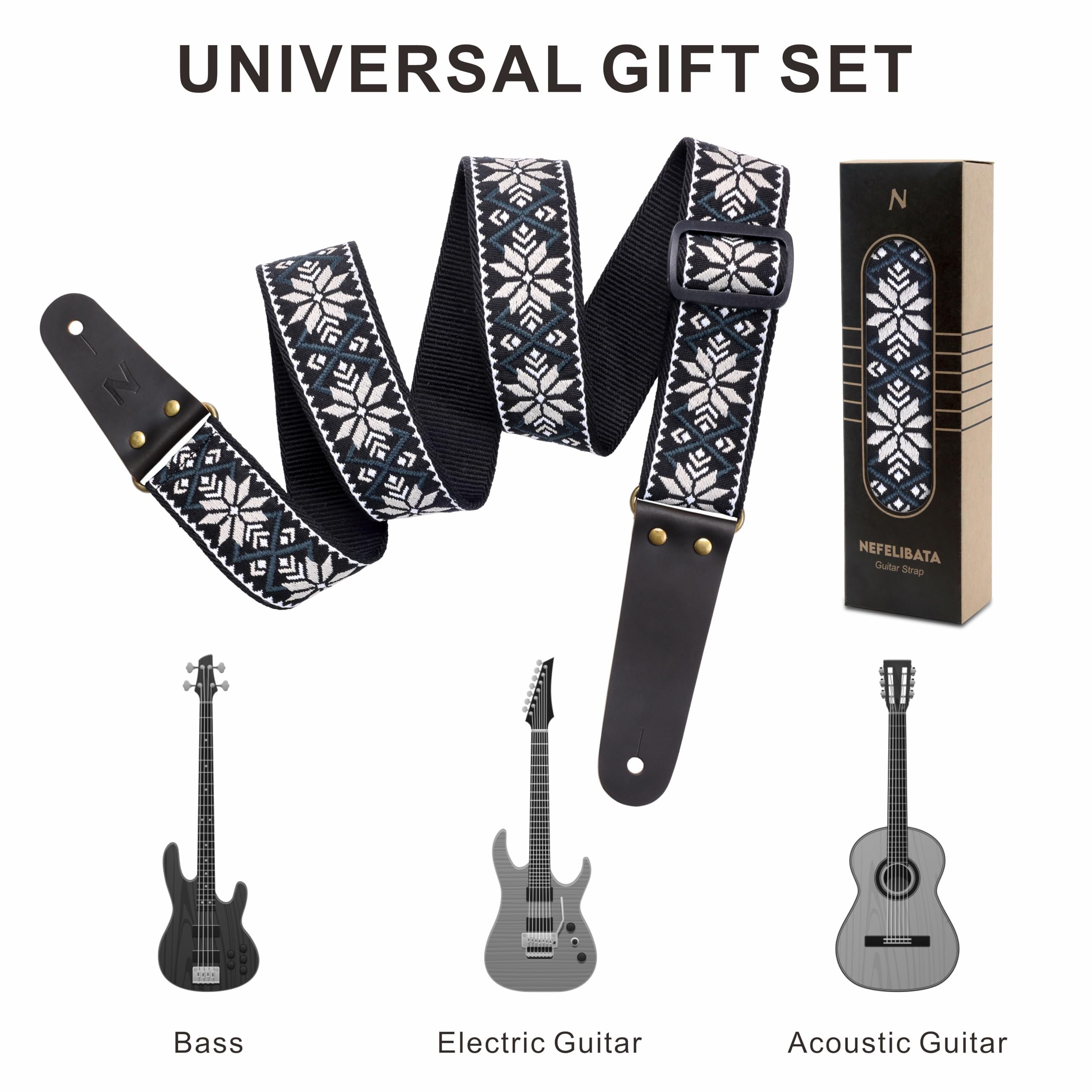 Nefelibata Guitar Strap, Vintage Embroidered Cotton Guitar Straps With Head Cowhide Leather Ends For Bass, Electric & Acoustic G