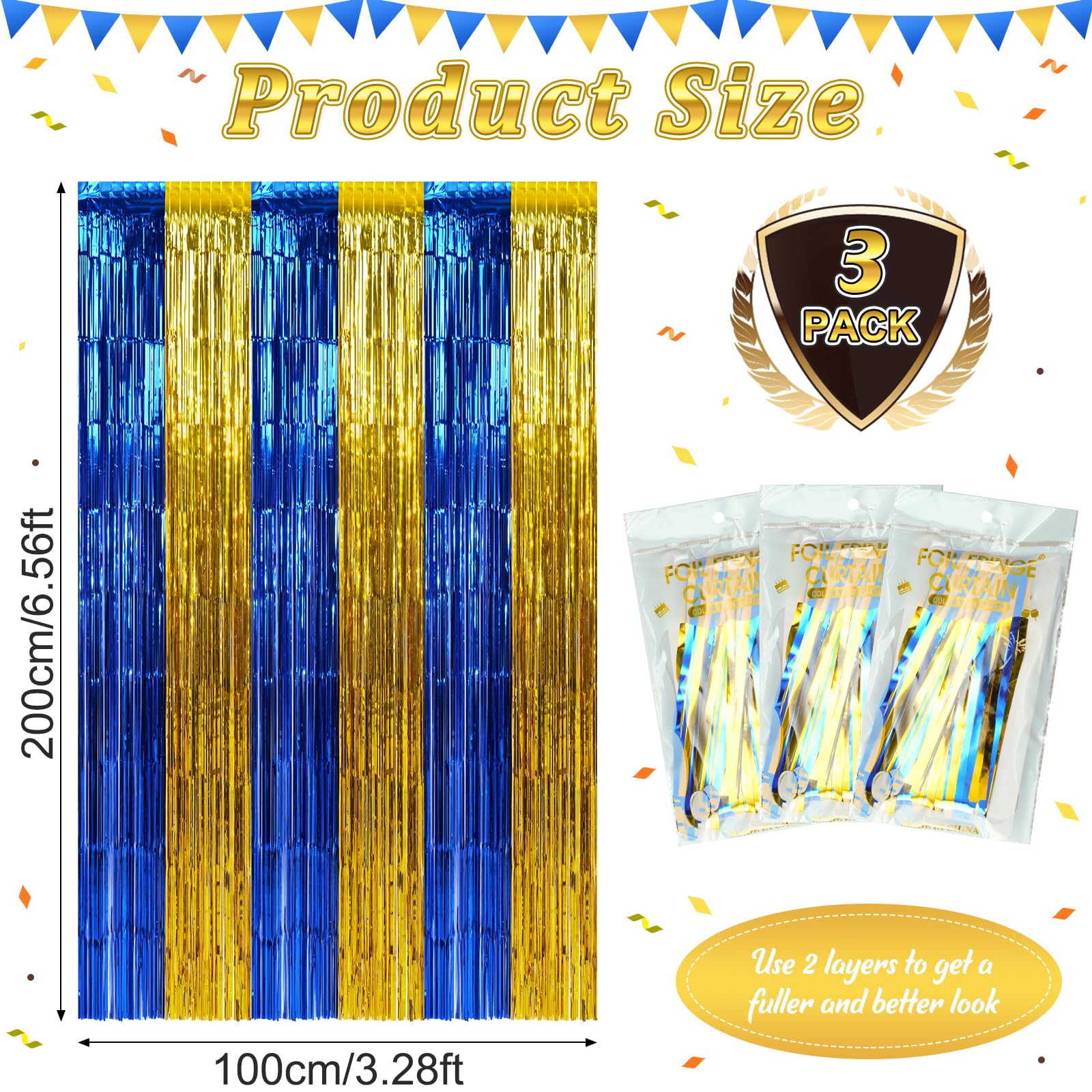 3 Pack 3.3Ft X 6.6Ft Graduation Foil Fringe Curtain Backdrop Decorations, Blue Gold Metallic Tinsel Foil Streamers Curtain Photo