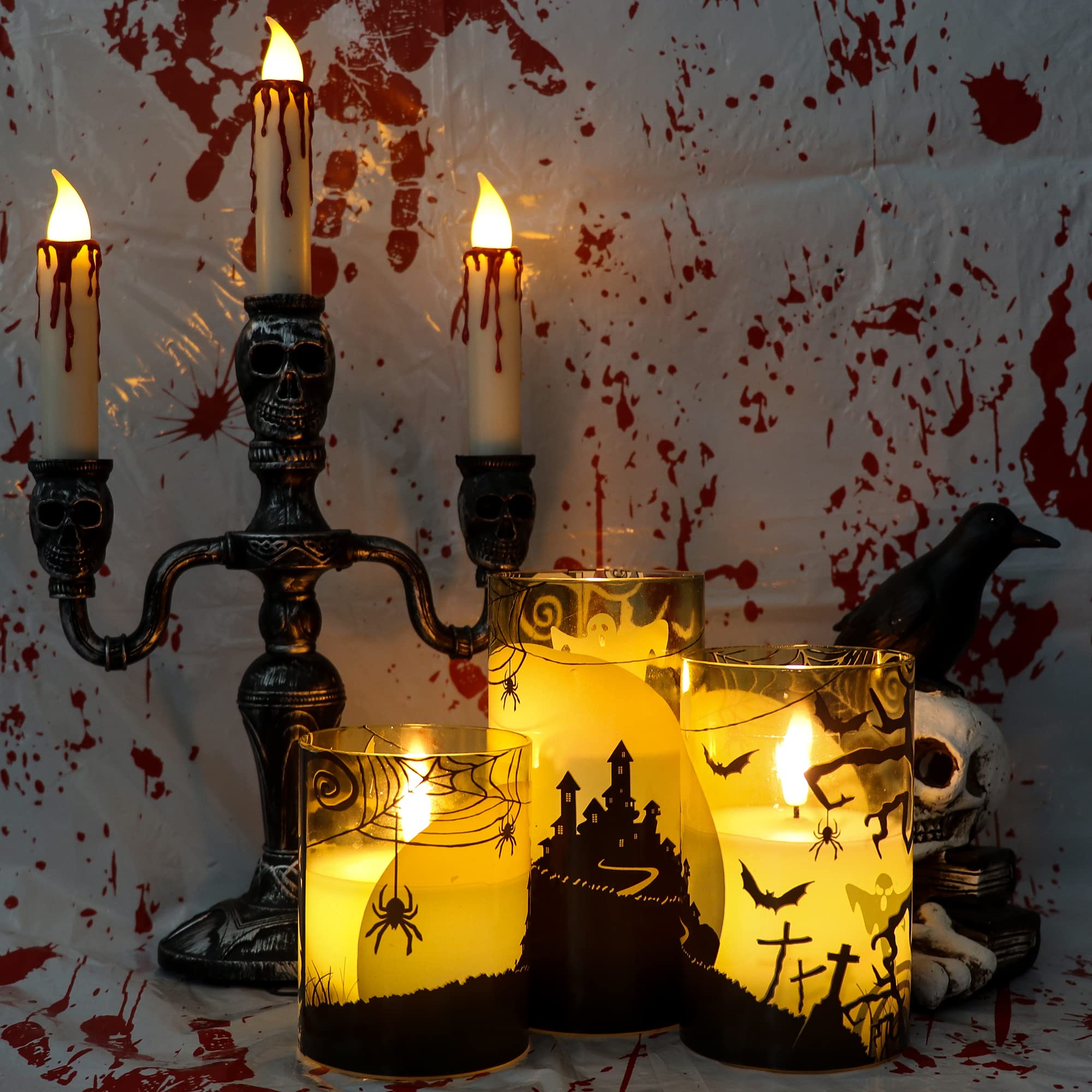 Eldnacele Halloween Flickering Candles With Spider Web, Ghost, Castle Decals, Green Glass Battery Operated Flameless Led Candles