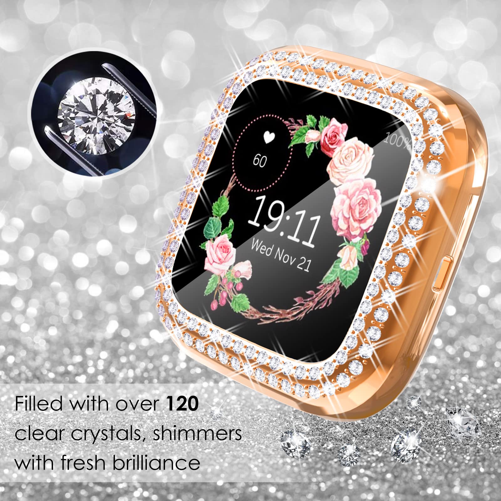 Fullife 3 Pack Tpu Bumper For Fitbit Versa 2, Crystal Diamond Bling Cases Hd Full Protective Case Cover Scratch Resistant Shock