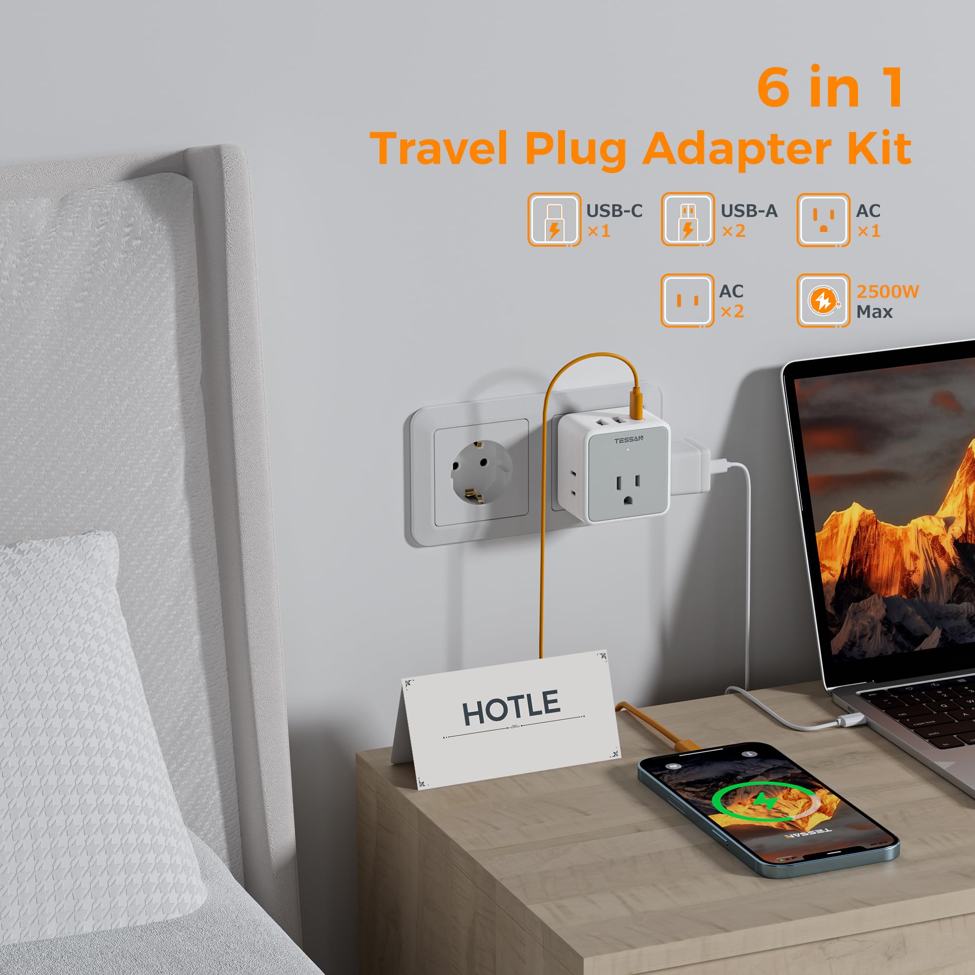 Tessan Universal Travel Adapter Kit, 6 In 1 International Power Adapter With 3 Usb (1 Usb C) And 3 Ac Outlets, Wordwide Adaptor