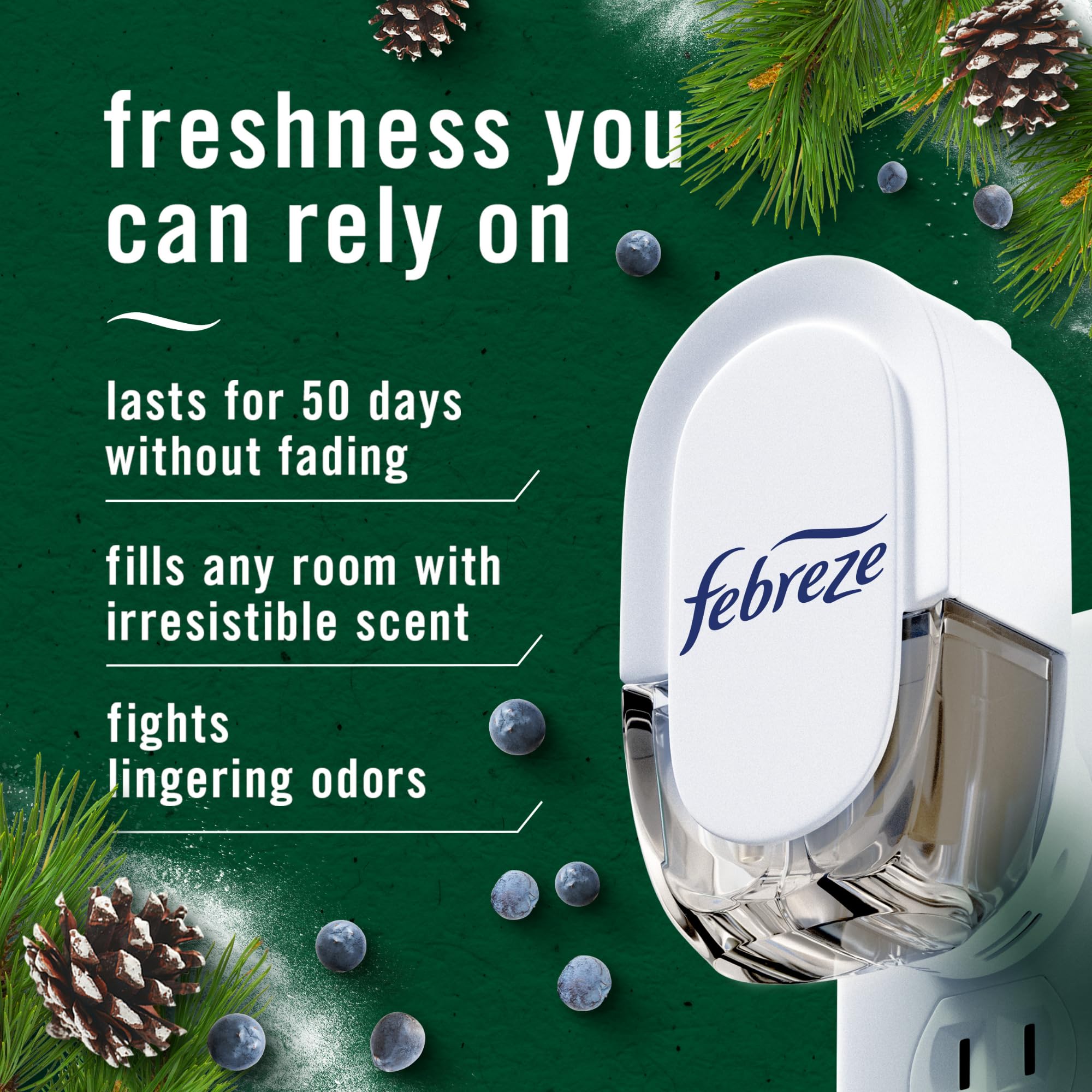 Febreze Odor Fighting Fade Defy Plug Air Freshener White Pine & Juniper Berry, 0.87Oz Oil Refill, 2 Count