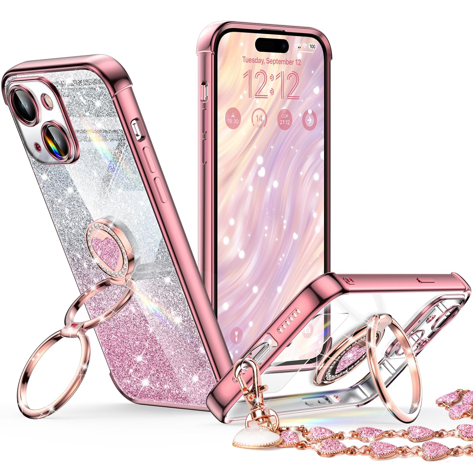 Xyz For Iphone 15 Case With Stand, Phone Case With Double Ring Kickstand, Women Girl Cute Love Heart Luxury Bling Tective Case H
