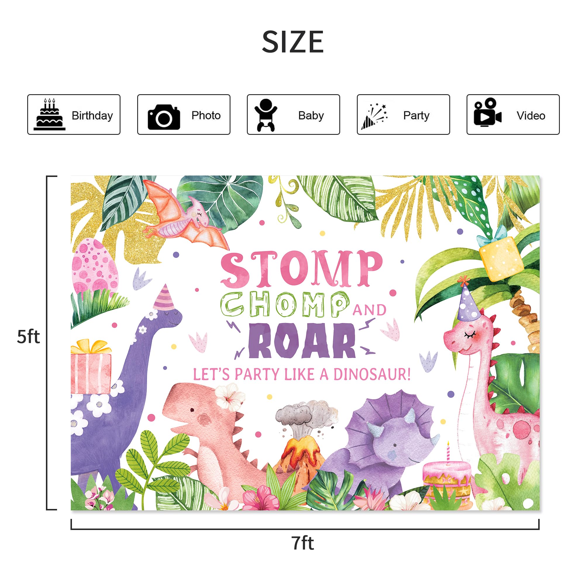 Lightinhome Dinosaur Backdrop 7Wx5H Feet Cartoon Dino Watercolor Purple Pink Jungle Tropical Volcano Boys Girls Baby Shower Phot