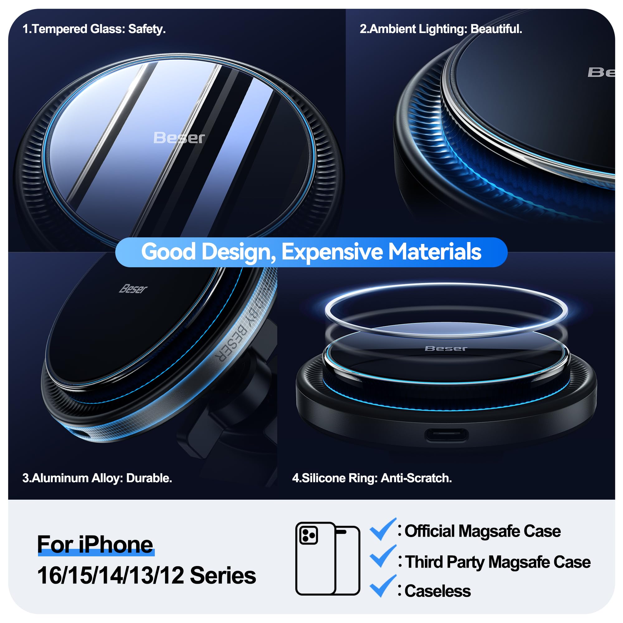 Beser 15W For Magsafe Car Mount Charger, (3.81 Lbf) Magnetic Qi Wireless Car Charger, Vent/Dashboard, Phone Holder Mount For Iph