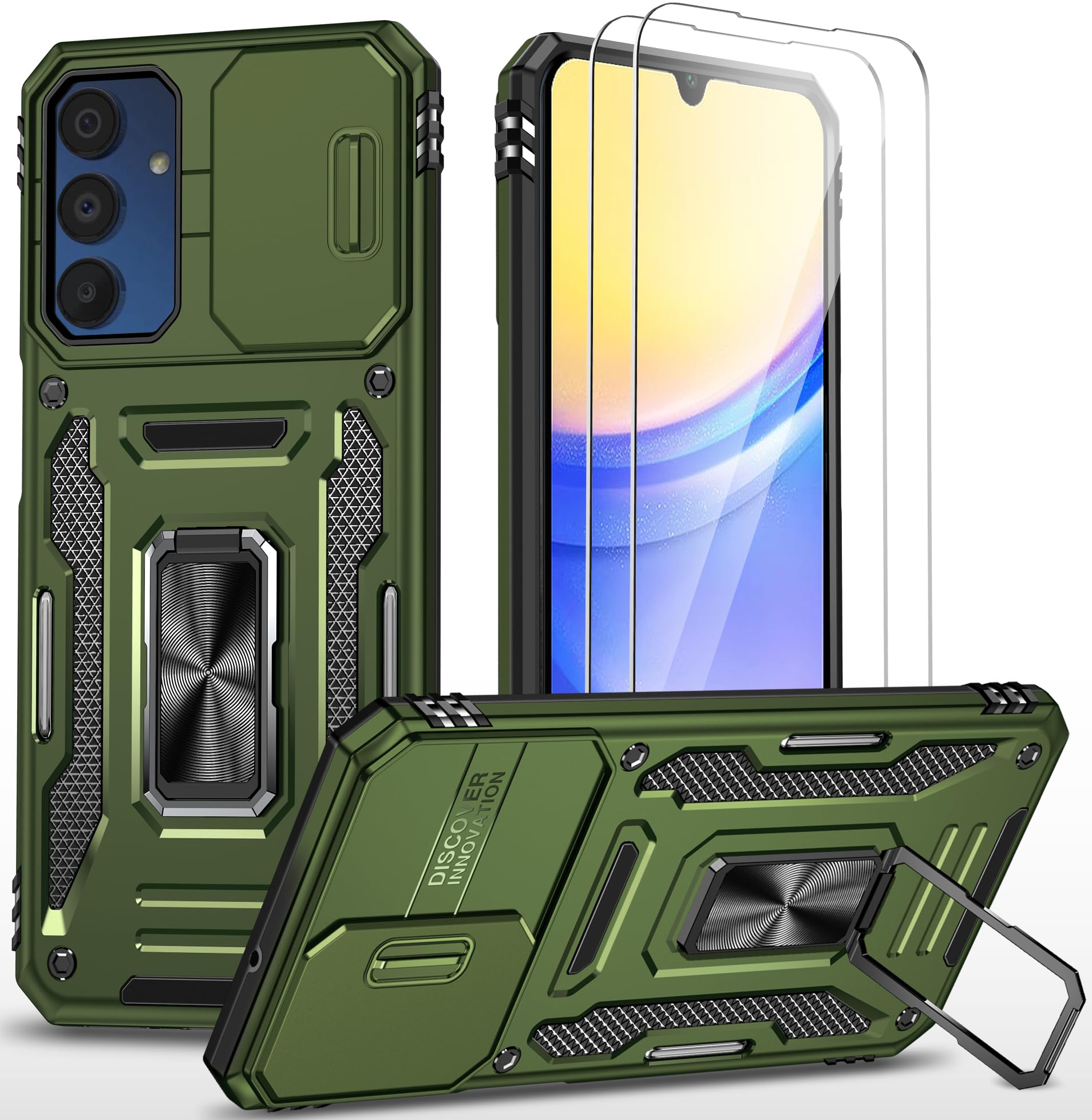 Samsung Galaxy A15 5G Case With Slide Camera Cover + Screen Protector(2 Packs), Rotated Ring Kickstand Military Grade Shockproof
