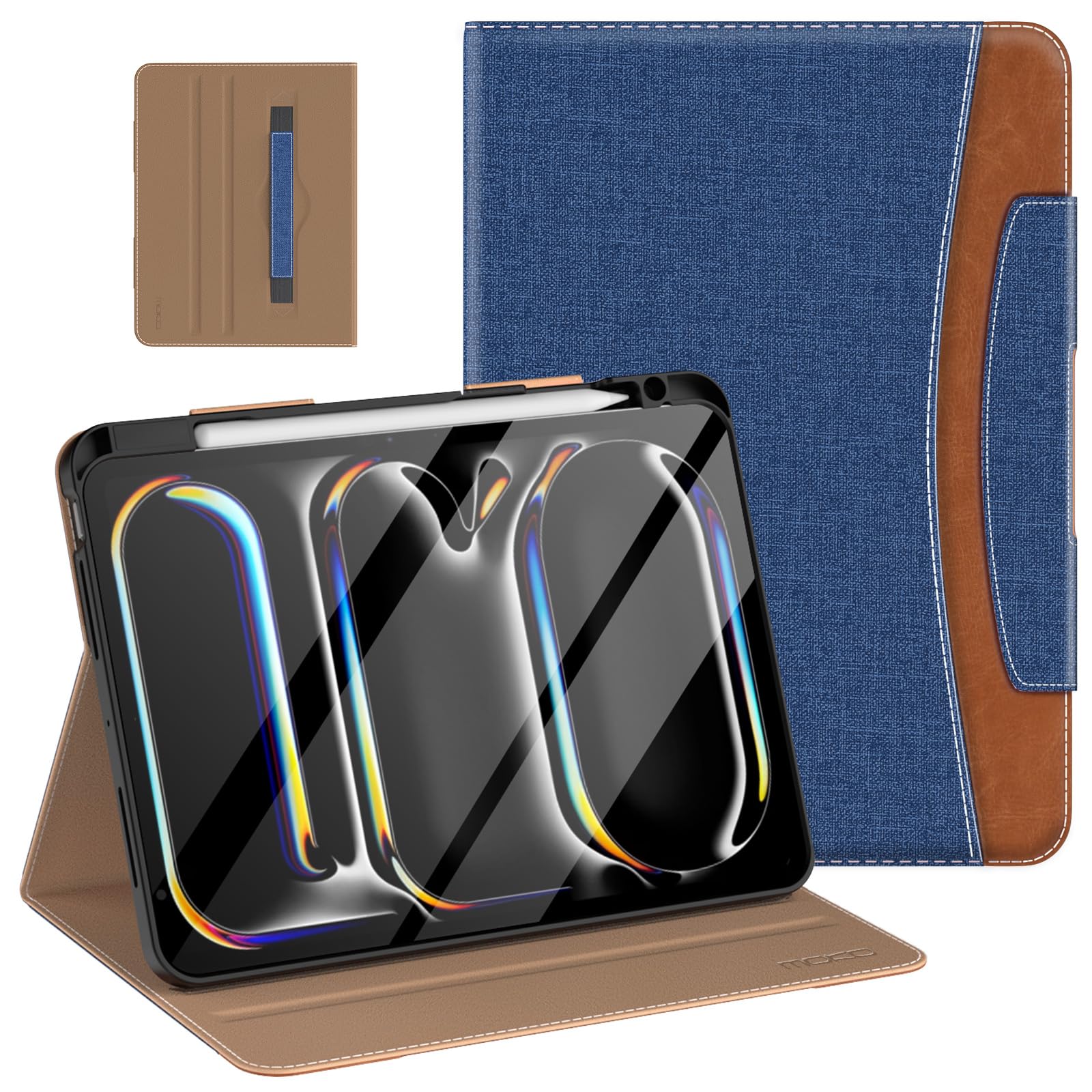 MoKo Case for iPad Pro 11 Inch M4 2024 (5th Generation) with Pencil Holder & Pocket, Built in Hand Strap, Multi Angle Viewing, Premium PU Leather Folio Cover for iPad Pro 11 2024, Denim Blue & Brown