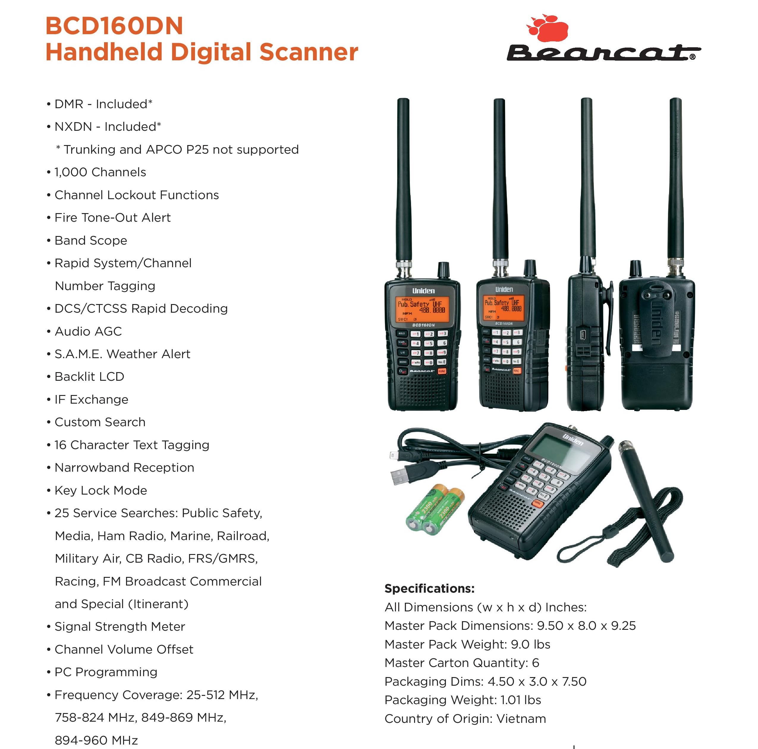 Uniden Bearcat Bcd160Dn Handheld Digital Scanner, Exclusive Features, Band Scope Rapid System/Channel Number Tagging, Narrow Ban