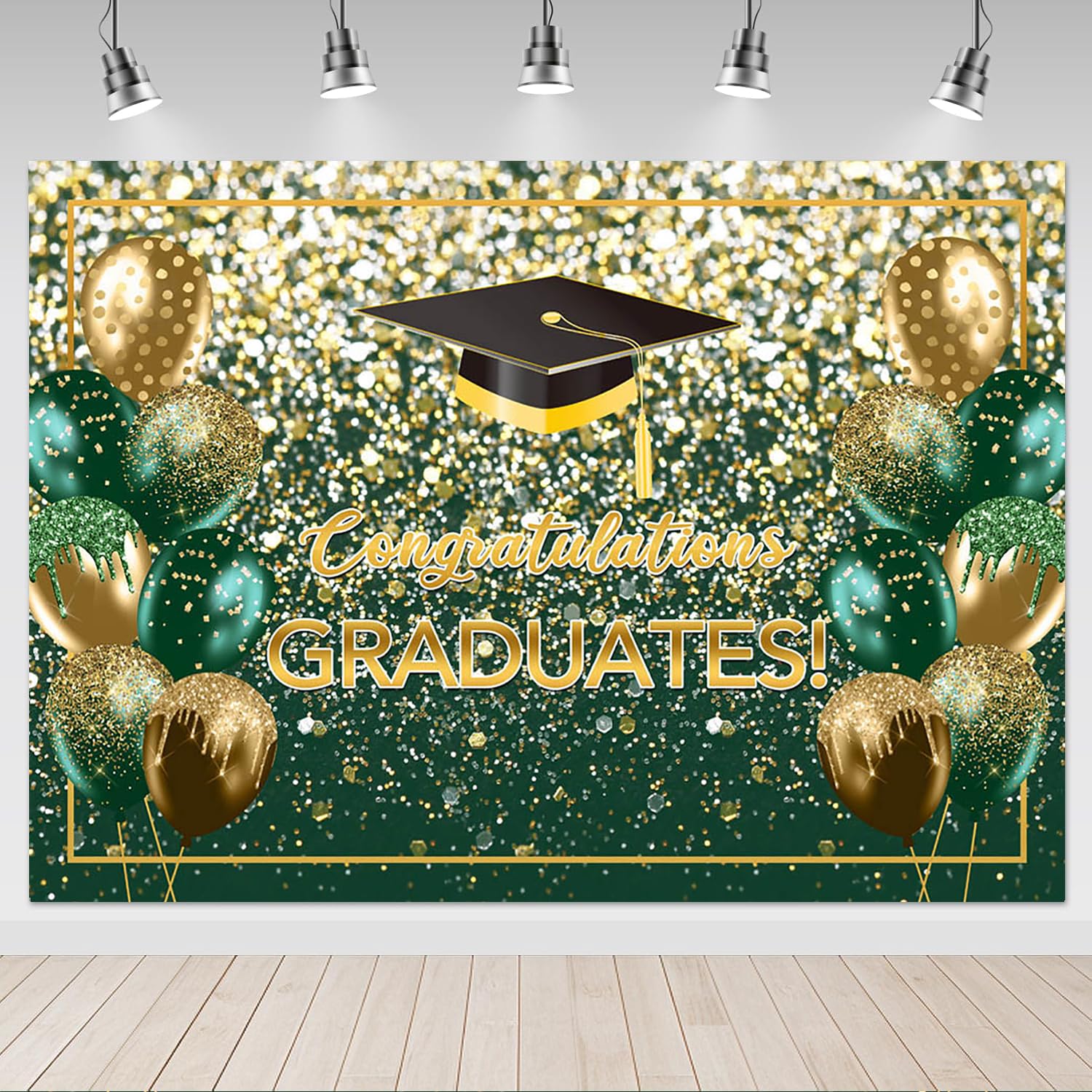 Mocsicka Graduation Backdrop 7X5Ft Green And Gold Glitter Class Of 2025 Congrats Grad Party Decorations Congratulations Graduate