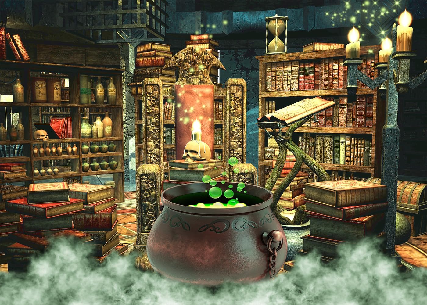 Dephoto Halloween Photography Backdrop Witch Magic Cauldron Bookshelf In Spooky Room Party Decoration Portrait Background Vinyl Photo Studio Booth Props Pgt646A 7X5Ft