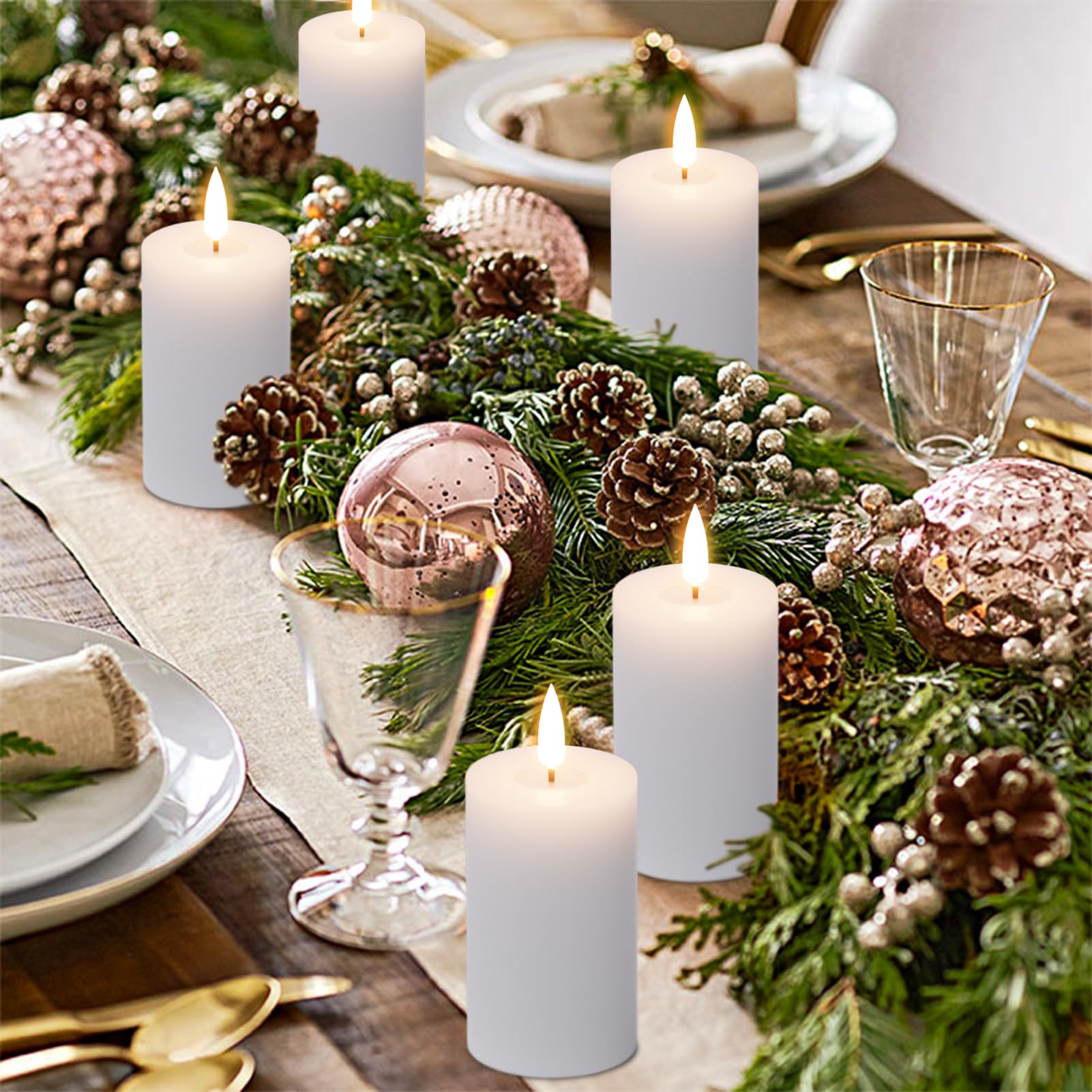 Eldnacele Flameless Pillar Flickering Candles With Remote And Timer   Battery Operated 3D Wick Real Wax Led Set Of 6 White   Chr