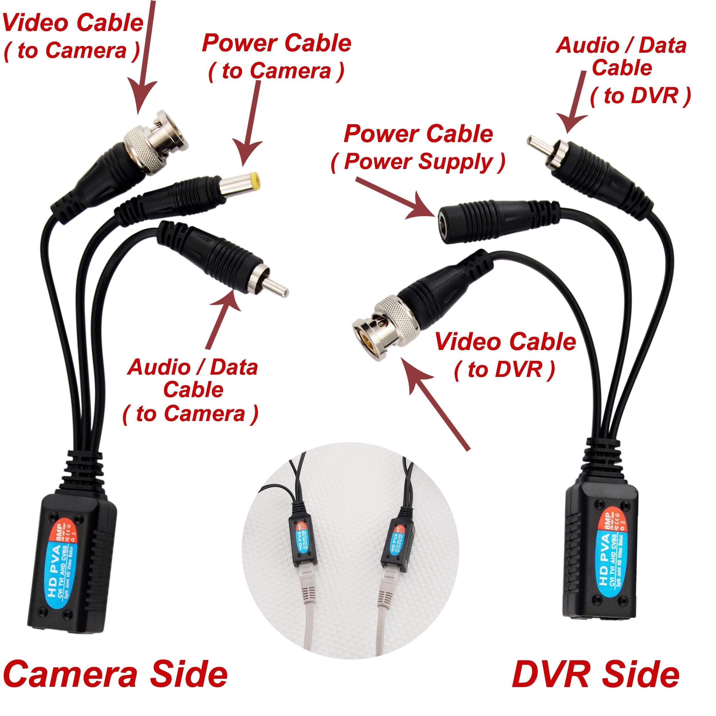 Evertech Hd Cvi/Tvi/Ahd Passive Video Balun With Power Connector And Rj45 Cat5 Data Transmitter Bnc Twisted Pair (4 Pairs 8 Pcs