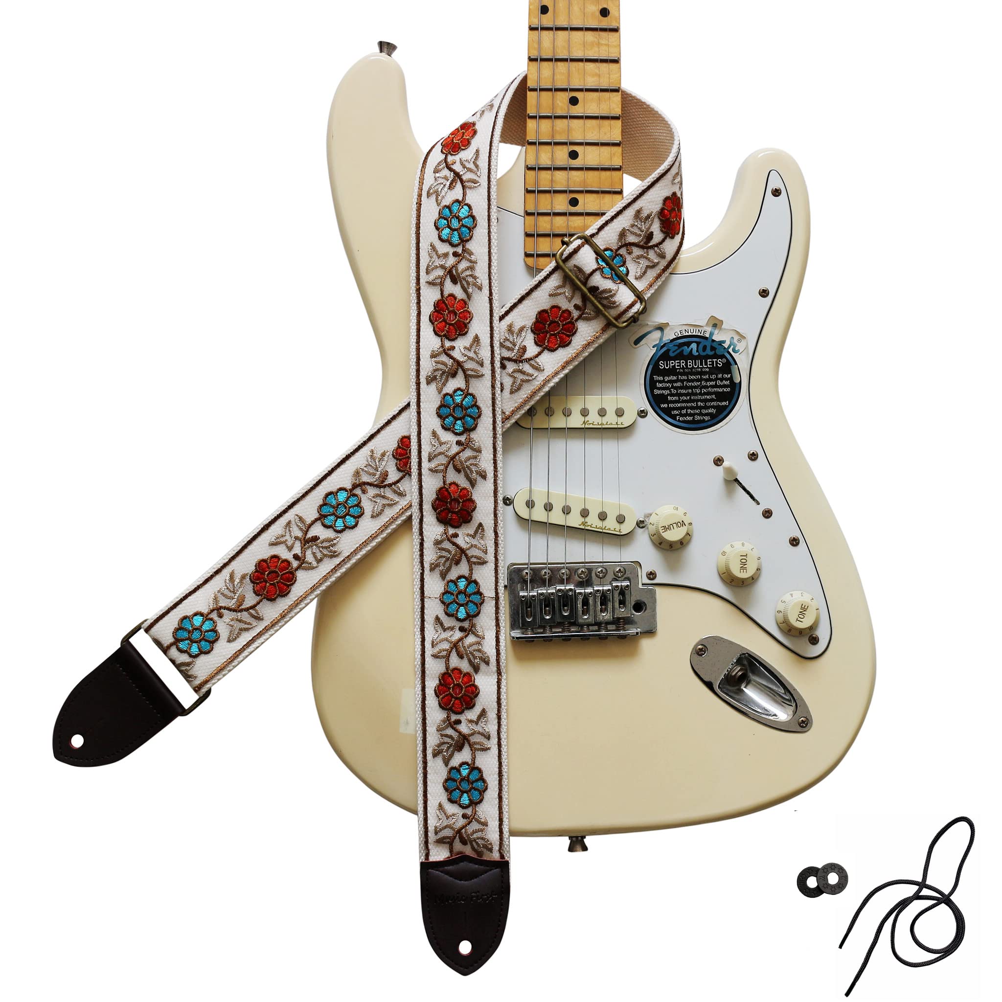 MUSIC FIRST Original Design, 2 inch width (5cm), Rococo Style Embroidery Floral Organza Electric Guitar Strap Bass Strap (Floral