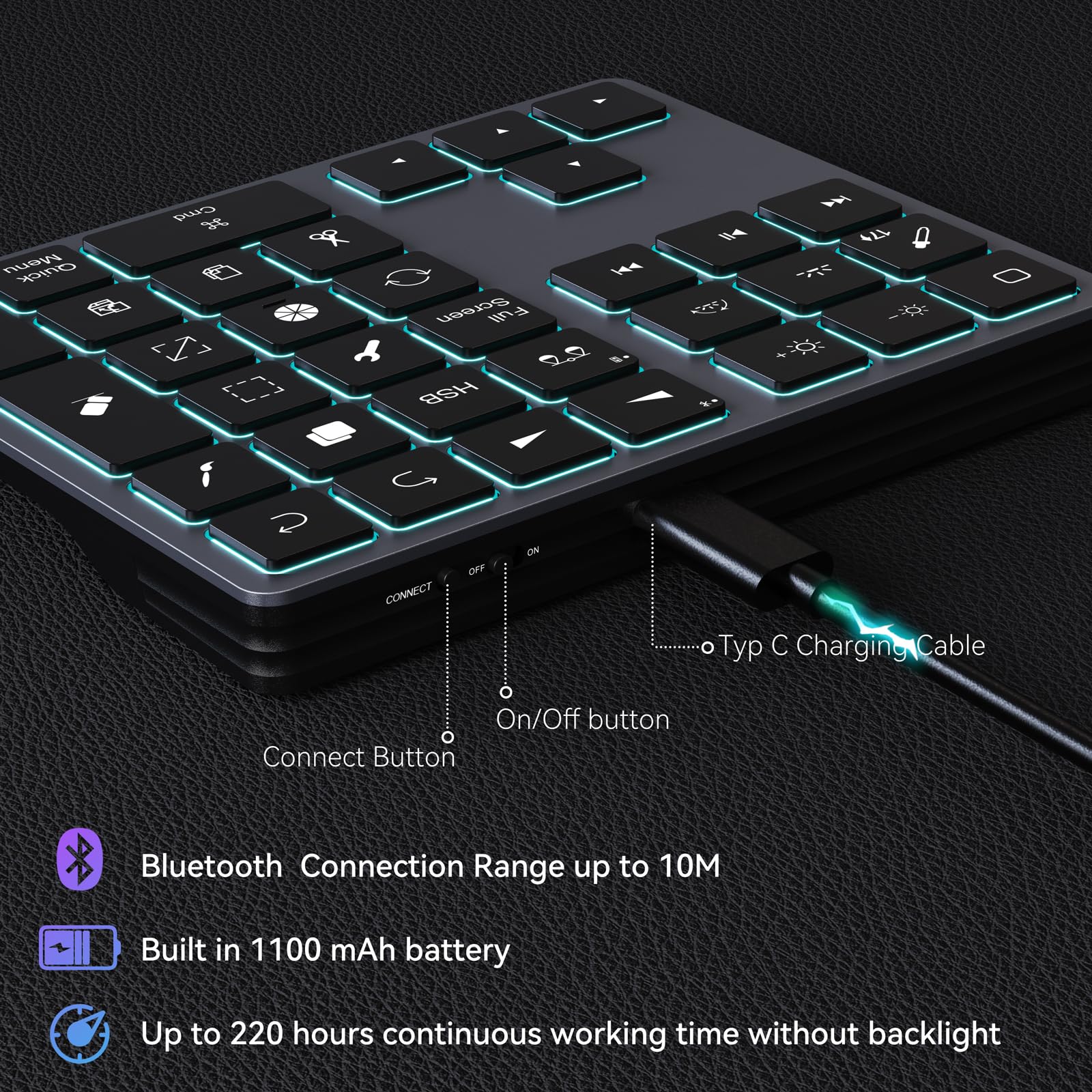 Doohoeek Backlit Bluetooth Keypad for iPad Procreate, Rechargeable, Grey, Compatible with iOS 17 or Later, Ideal for Drawing Shortcuts