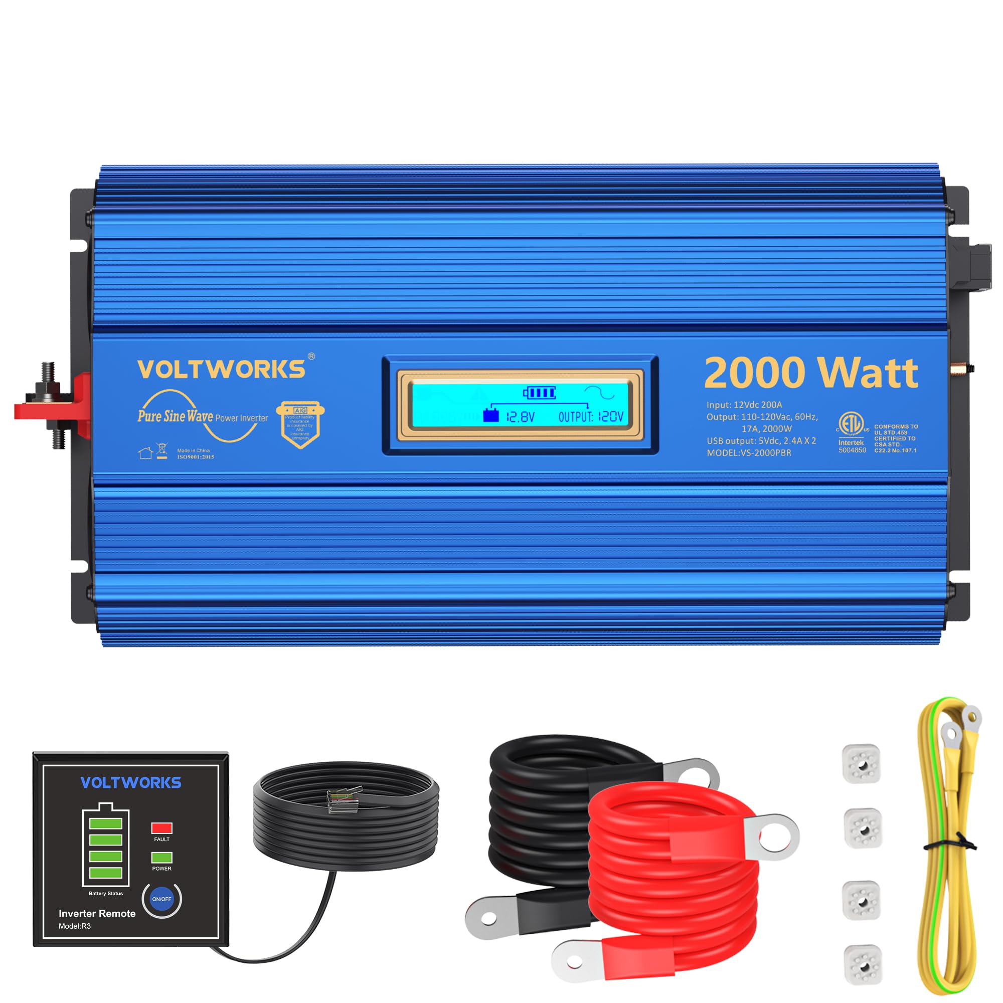 2000Watt Pure Sine Wave Power Inverter 12V DC to 110V 120V AC ETL UL458 Compatible with Lithium Battery Starlink for Off-Grid So