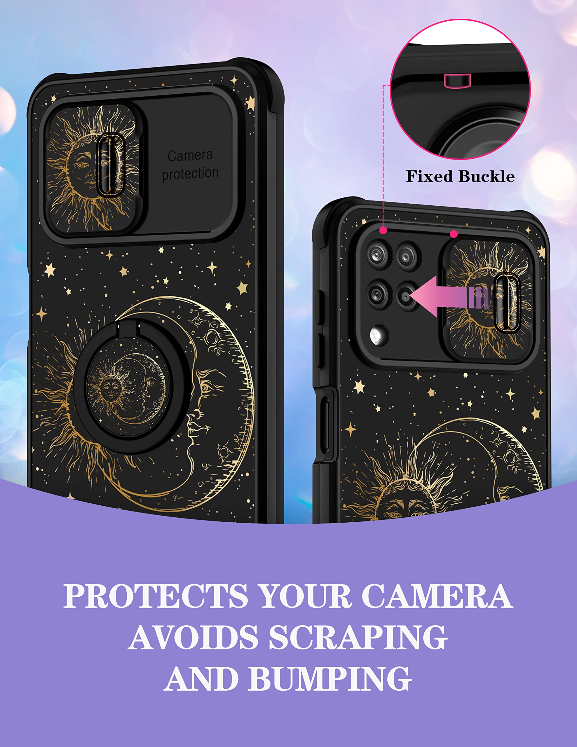Goocrux (2In1 For Samsung Galaxy A12 Case Sun And Moon Women Girls Cute Stars Space Phone Cover With Slide Camera Cover+Ring Hol